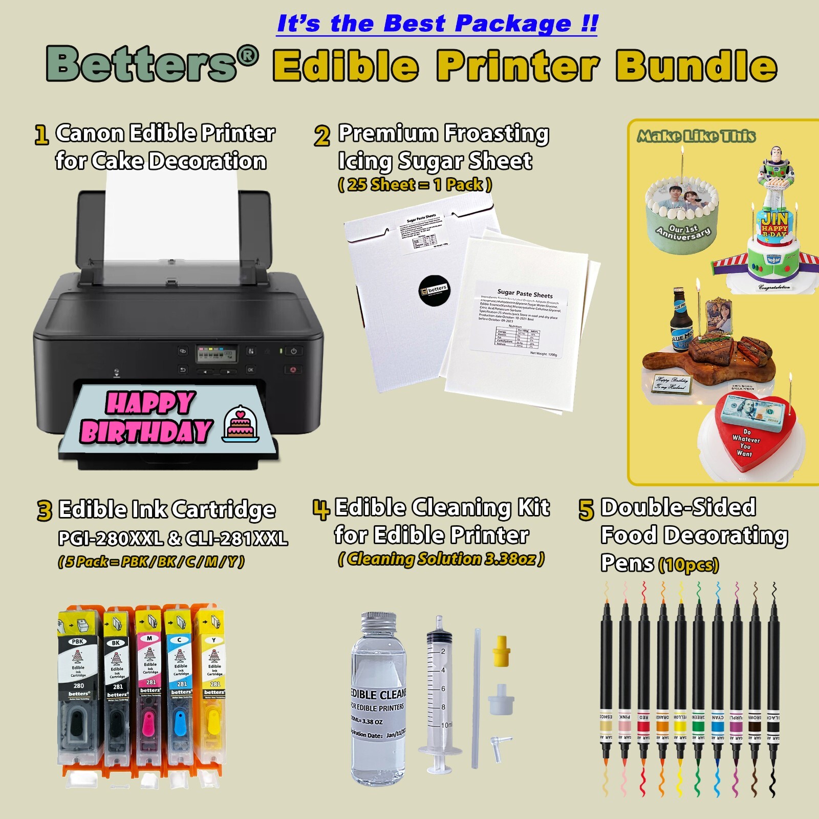 Edible Printer bundle- edible Ink & 25 Froasting sheets & Clean Kits & Food Pens