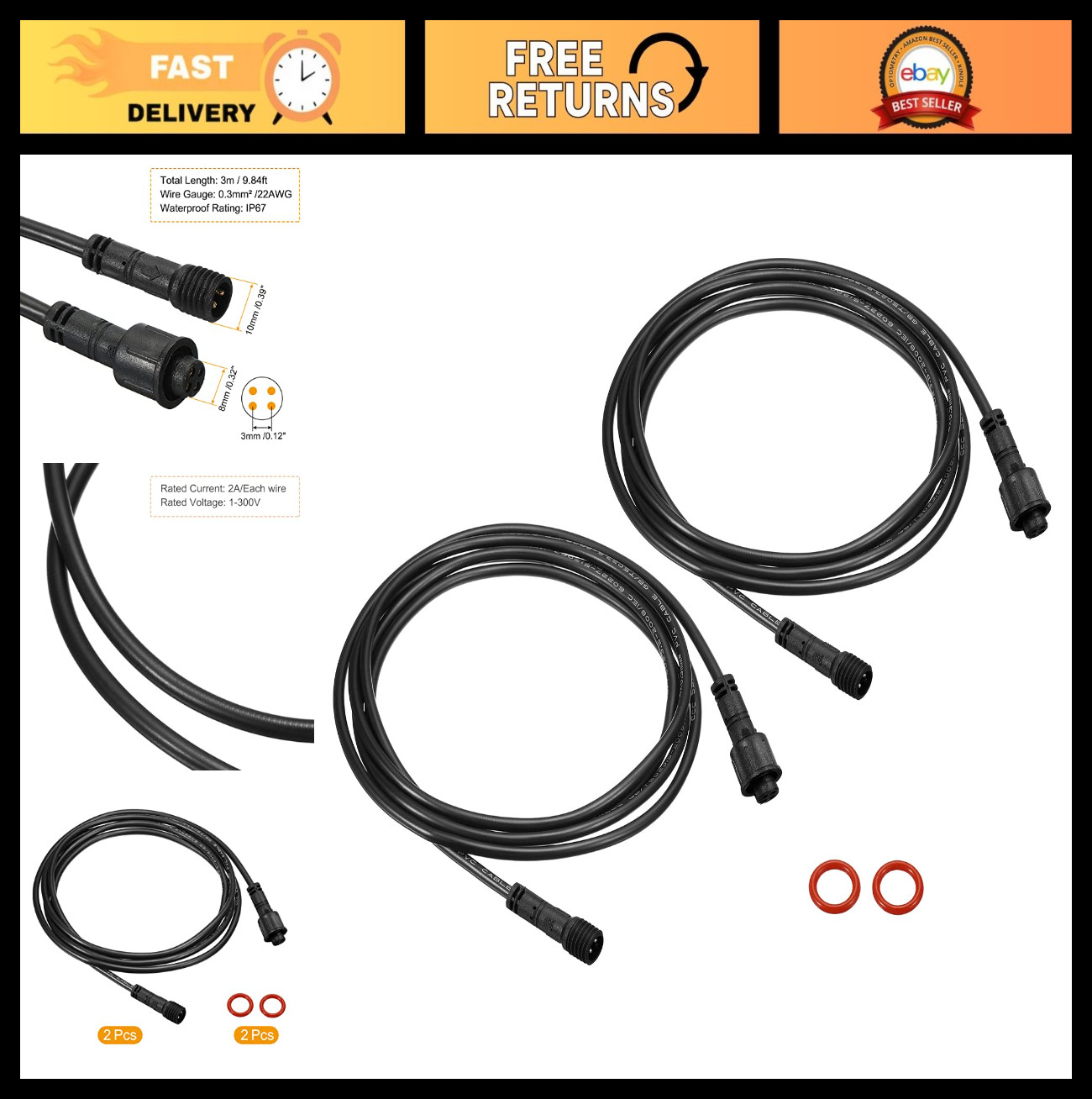 "9.84Ft 4 Pin Extension Cable 22 AWG Waterproof IP67 Connector for LED Strips"
