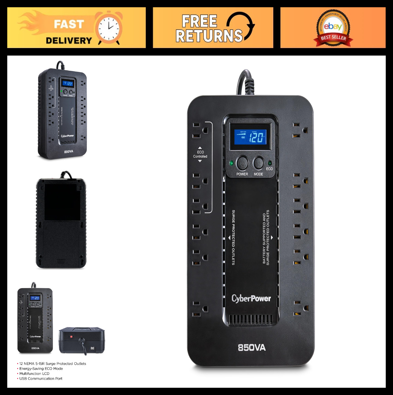 850VA UPS Battery Backup & Surge Protector, 12 Outlets, ECO Mode, Compact, UL Ce