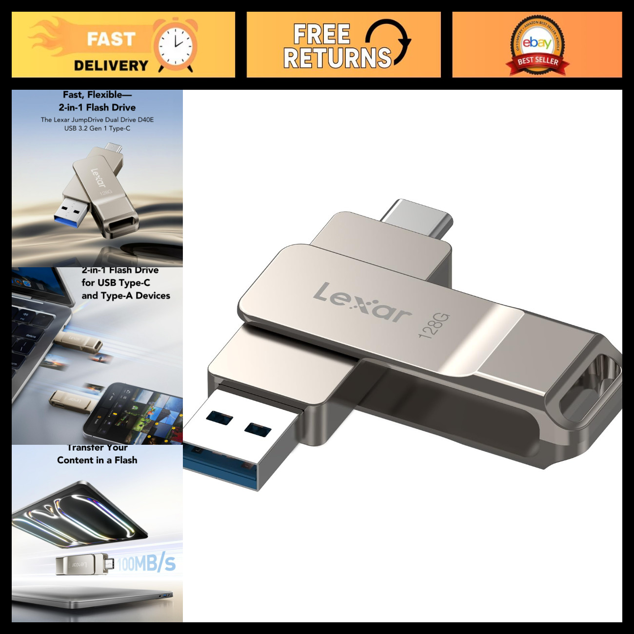 128GB Dual USB 3.2 Type-C Flash Drive, High-Speed Jump Drive, Champagne Silver