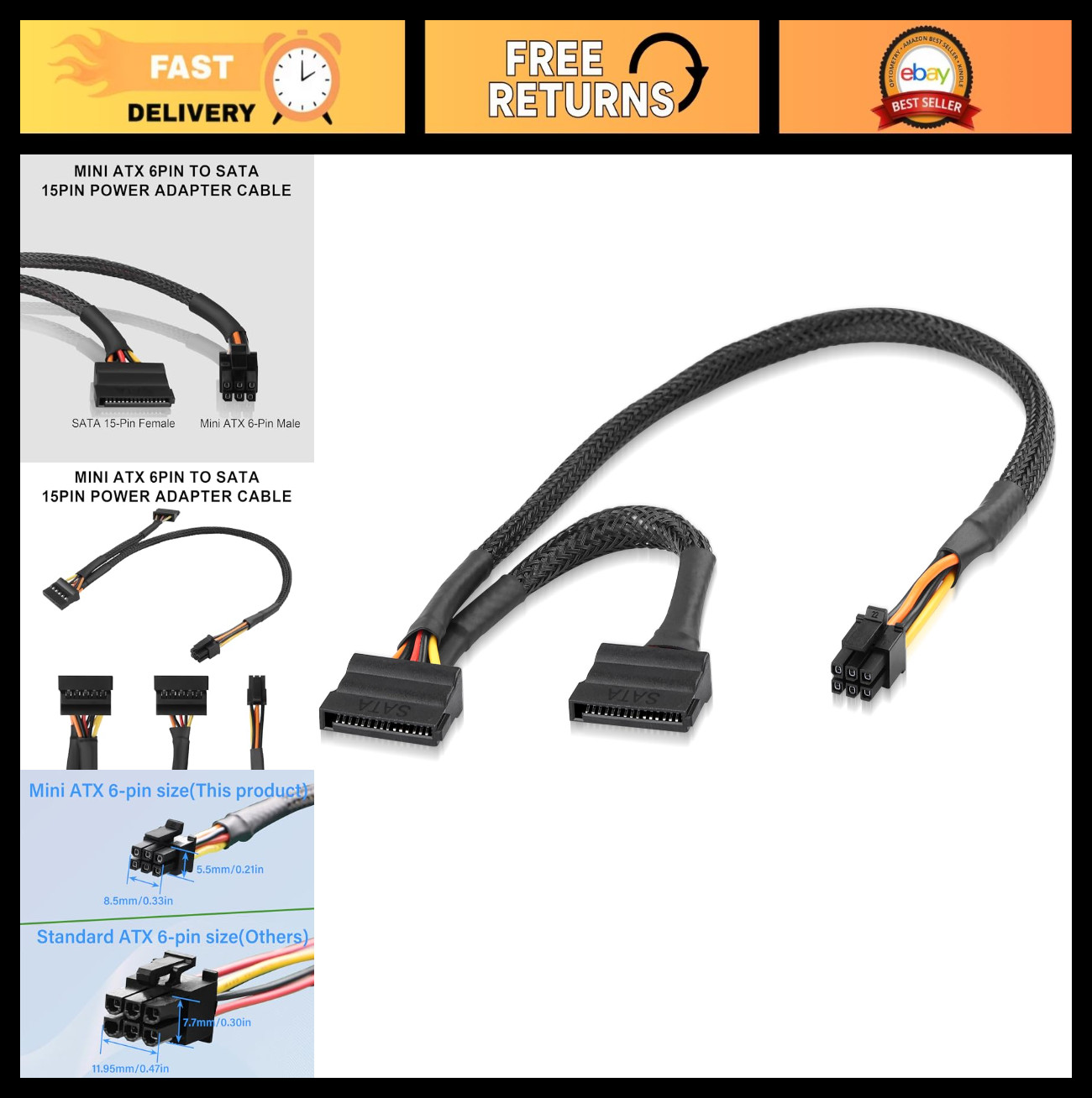 Mini ATX 6Pin to SATA 15Pin Power Adapter Cable for HDD SSD Optical Drive 60cm