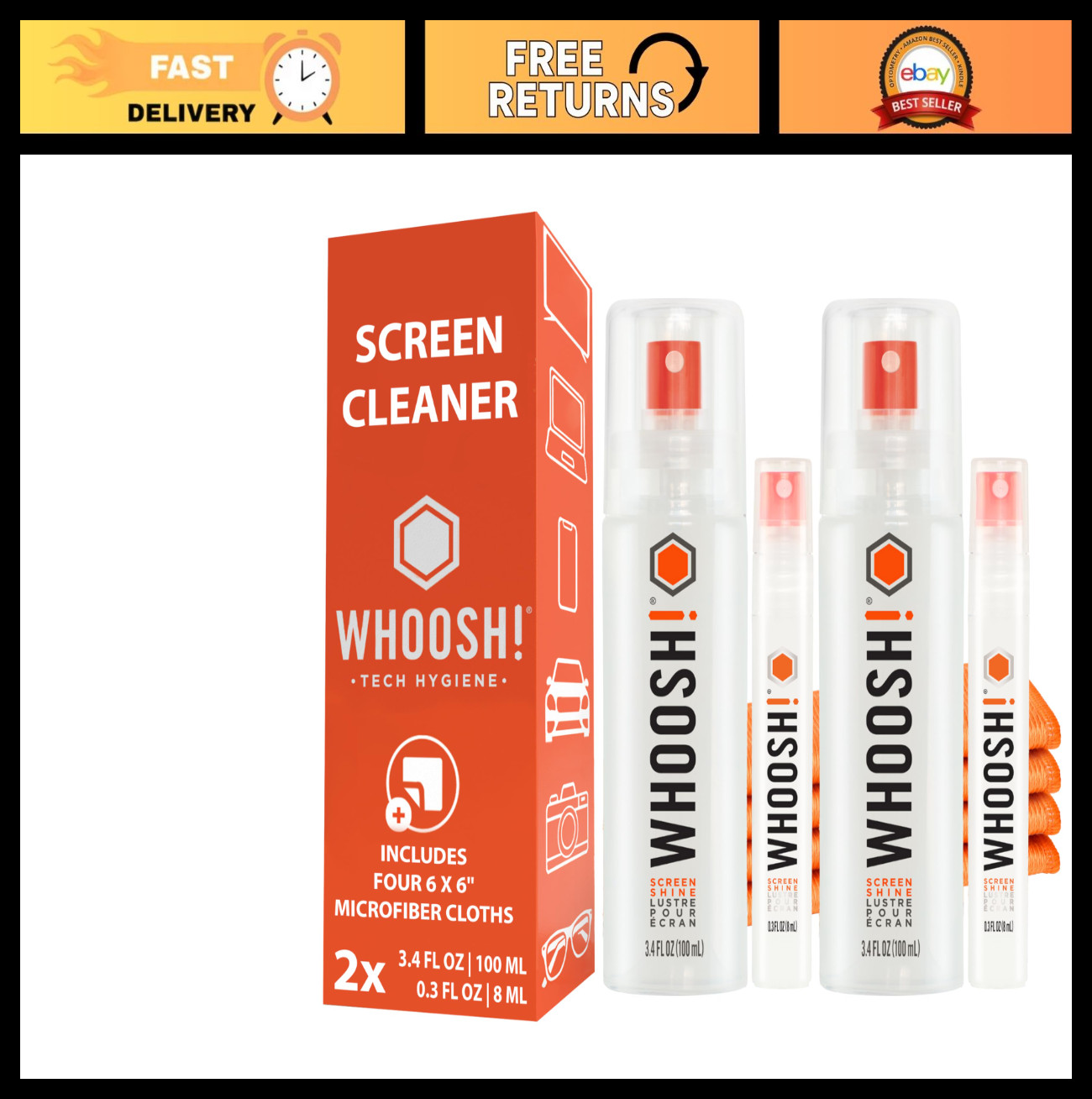 Screen Cleaner Kit - 2 Pack, 3.7oz & 0.3oz Bottles, Microfiber Cloths, Non-Toxic