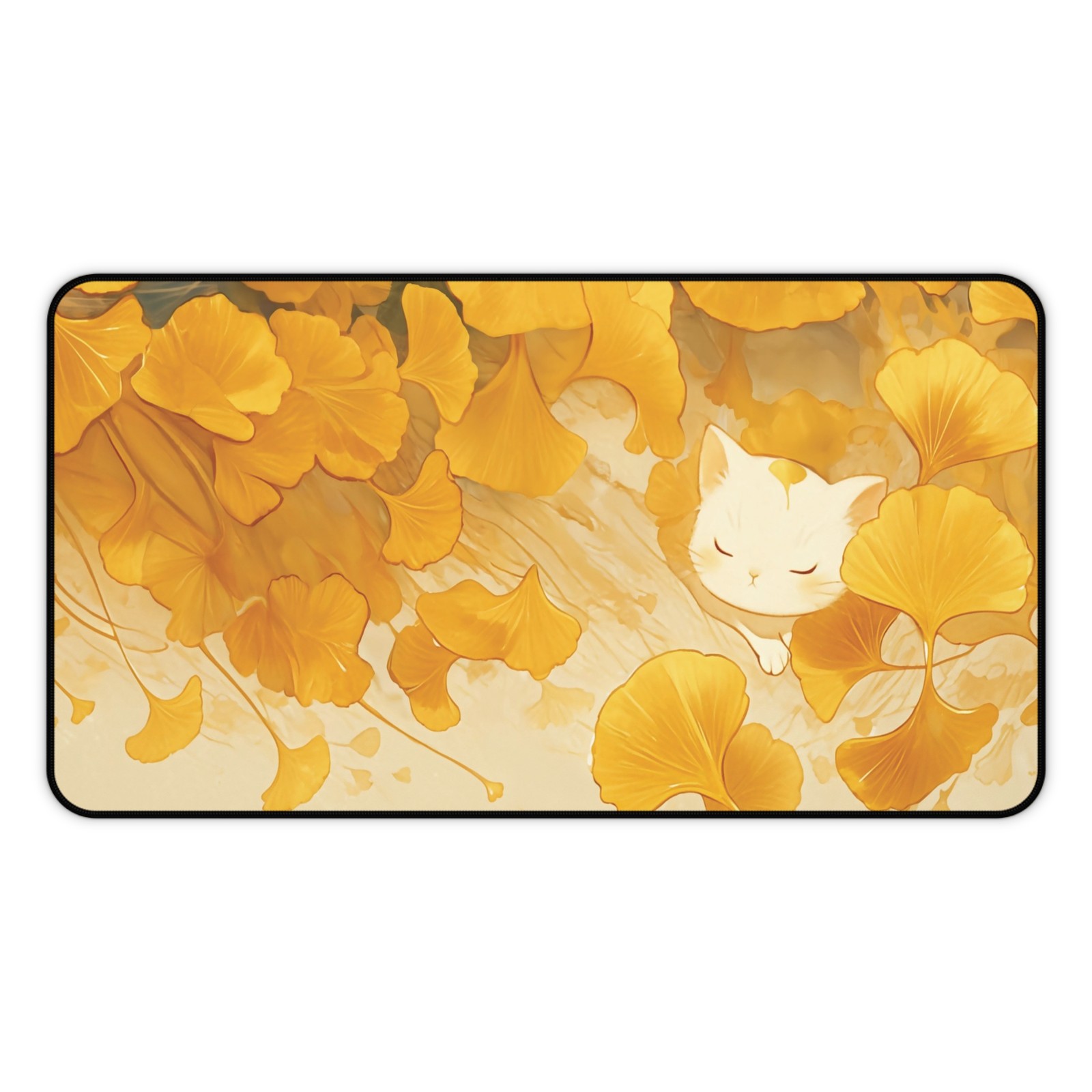 Kawaii Cat Desk Mat, Ginkgo Leaf Mouse Pad Large, Cozy Orange Fall Decor