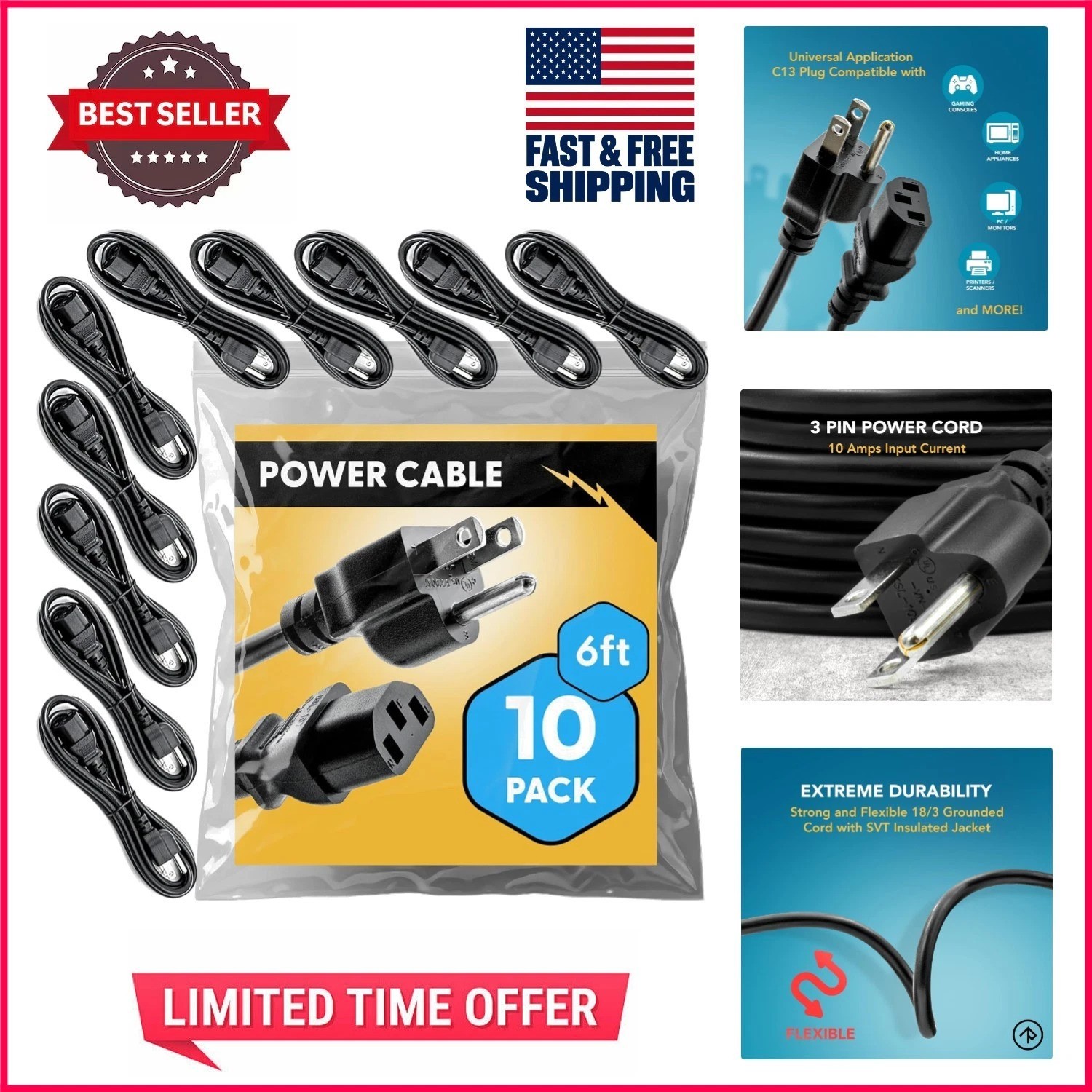 Bulk 10 Pack  Approved 6ft Power Cords - Heavy-Duty IEC C13 to NEMA 5-15P