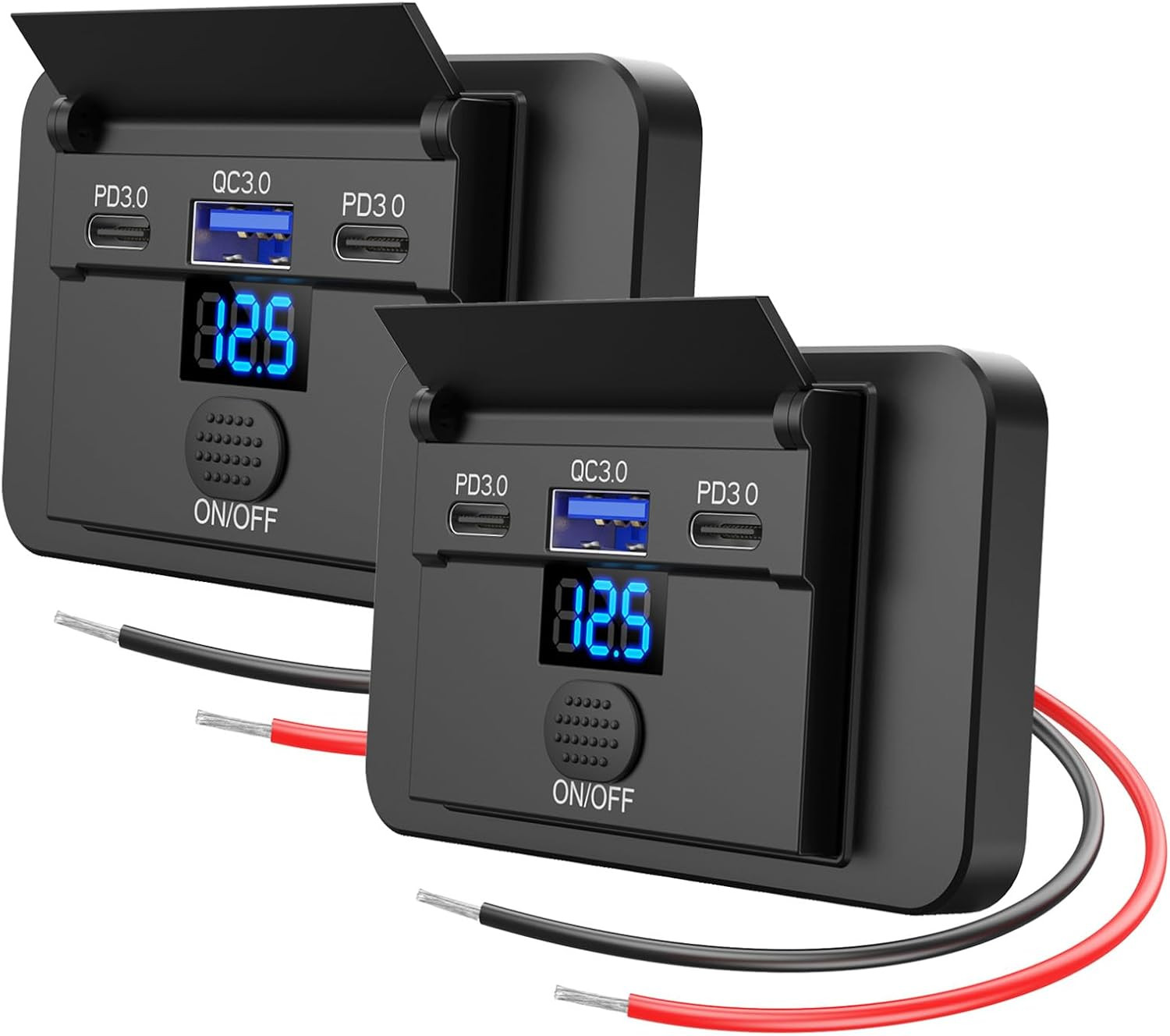 2 Pack 3 Port 12V USB Outlet Surface Mount Lightweight with Voltmeter, Dual USB