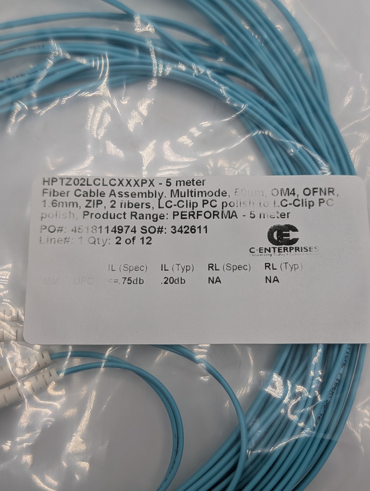 C Enterprises Performa MultiMode OM4, 5M, LC/LC, Duplex OFNR Fiber Cable-Qty 1