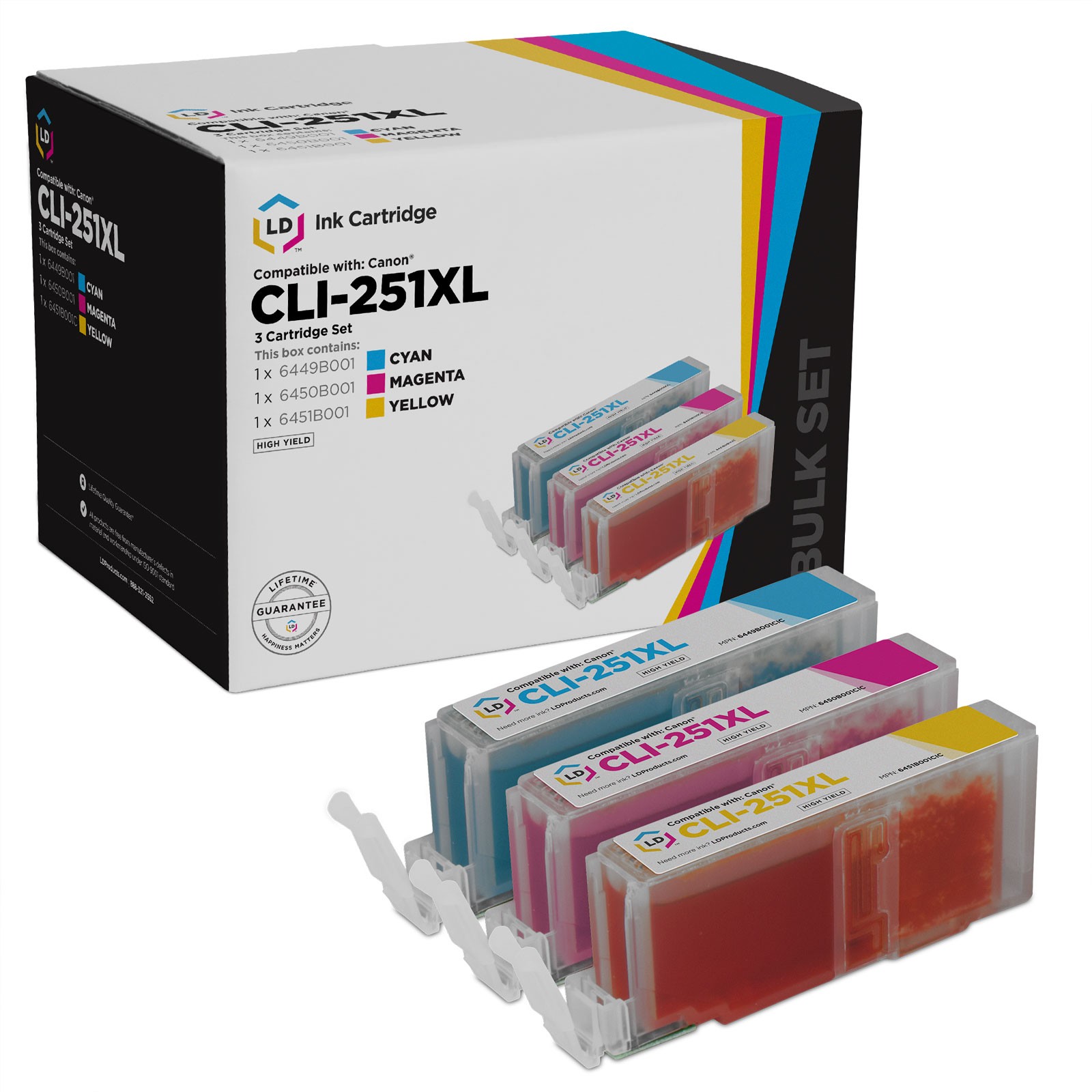 LD Compatible Ink Replacement for Canon CLI-251XL HY (1 C, 1 M, 1 Y, 3-Pk)