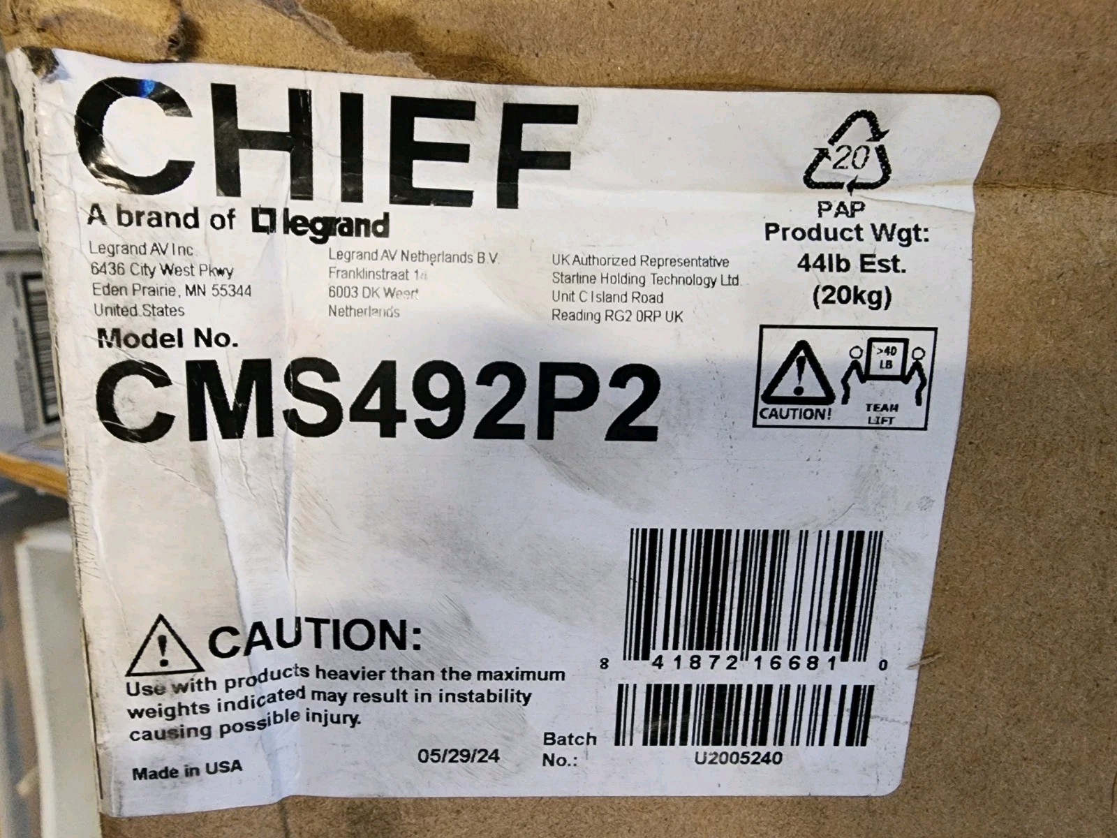 Open Box Chief CMS492P2 2' x 2' Above Ceiling Storage Box