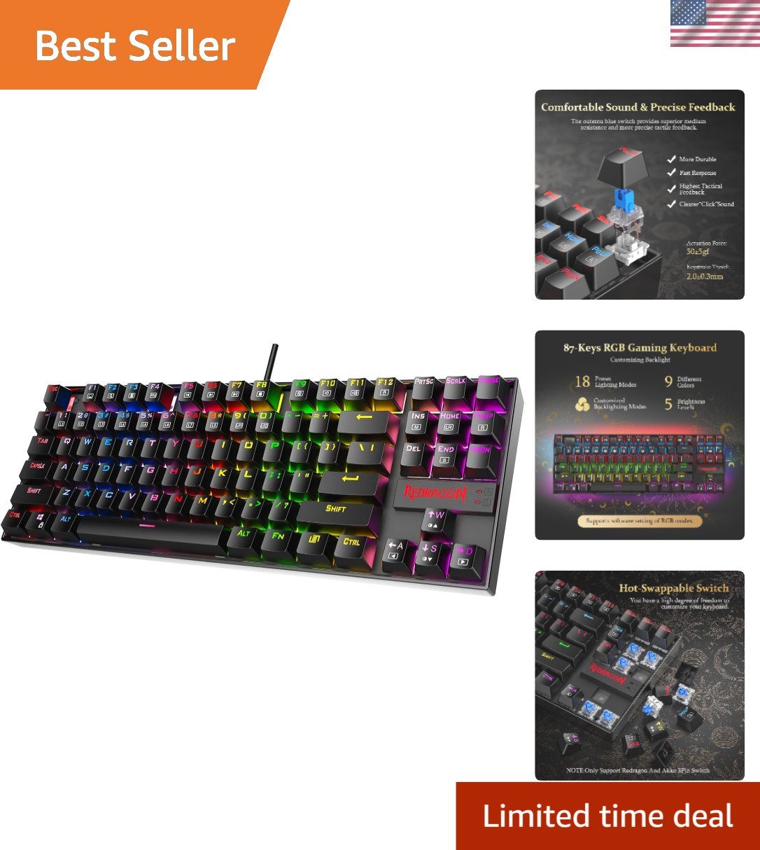 K552P Mechanical Gaming Keyboard TKL with 18 Backlight Modes, Hot-Swappable R...