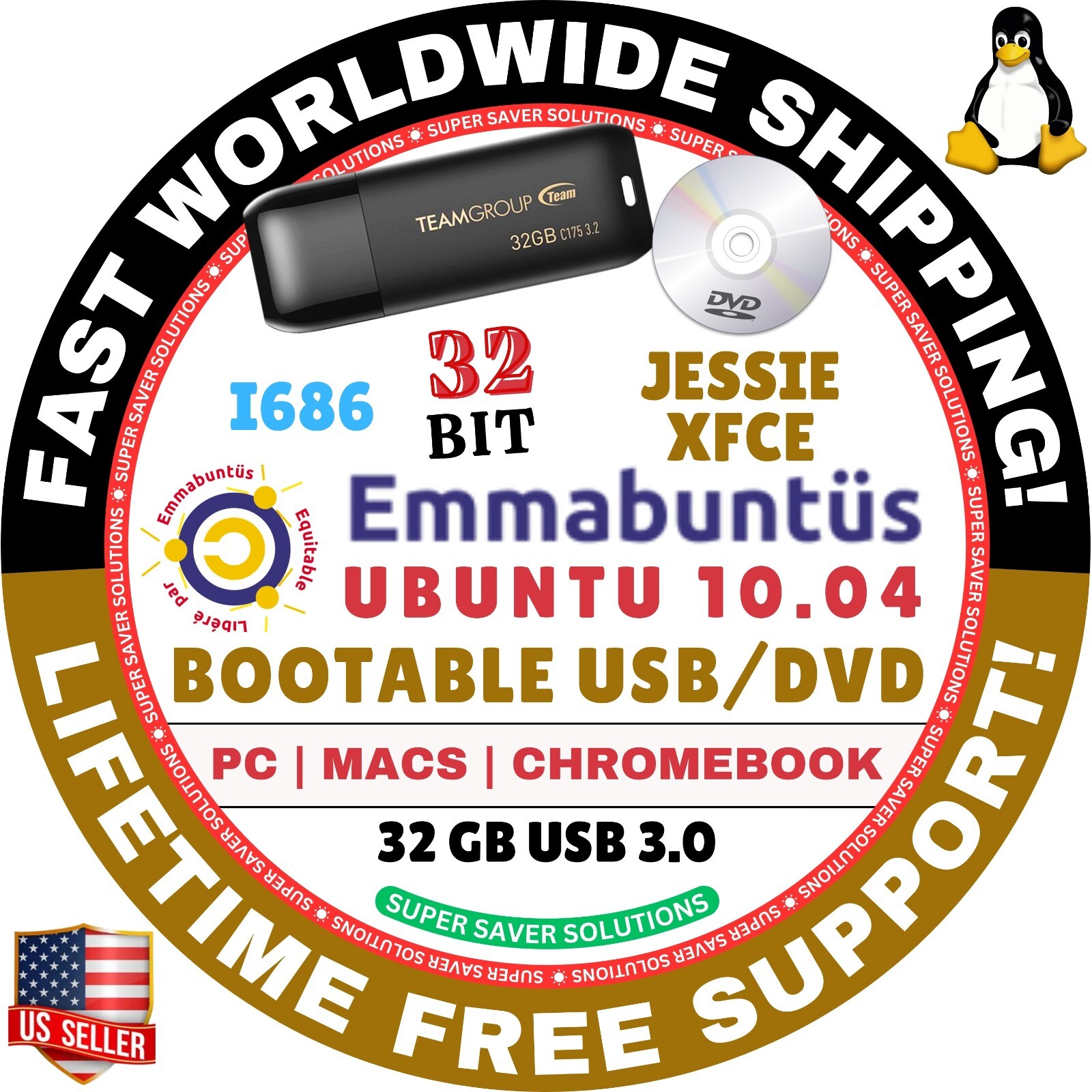 EMMABUNTUS LINUX OS LIVE BOOT USB, DVD DEBIAN UBUNTU XUBUNTU, 64bit, MAC/PC