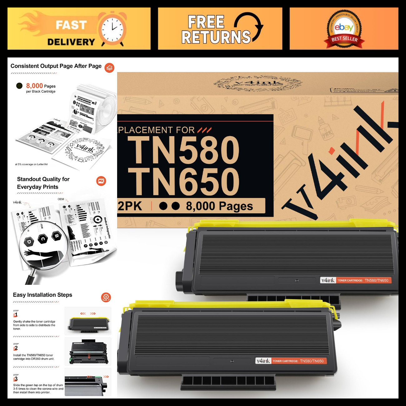 Compatible TN580 TN650 Toner Cartridge 2-Pack for Brother Printers, High Yield