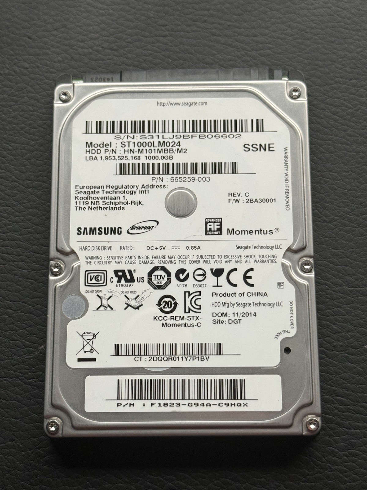 Samsung 1TB,Internal,5400 RPM,2.5 inch (ST1000LM024) Hard Drive 100% Disk Health