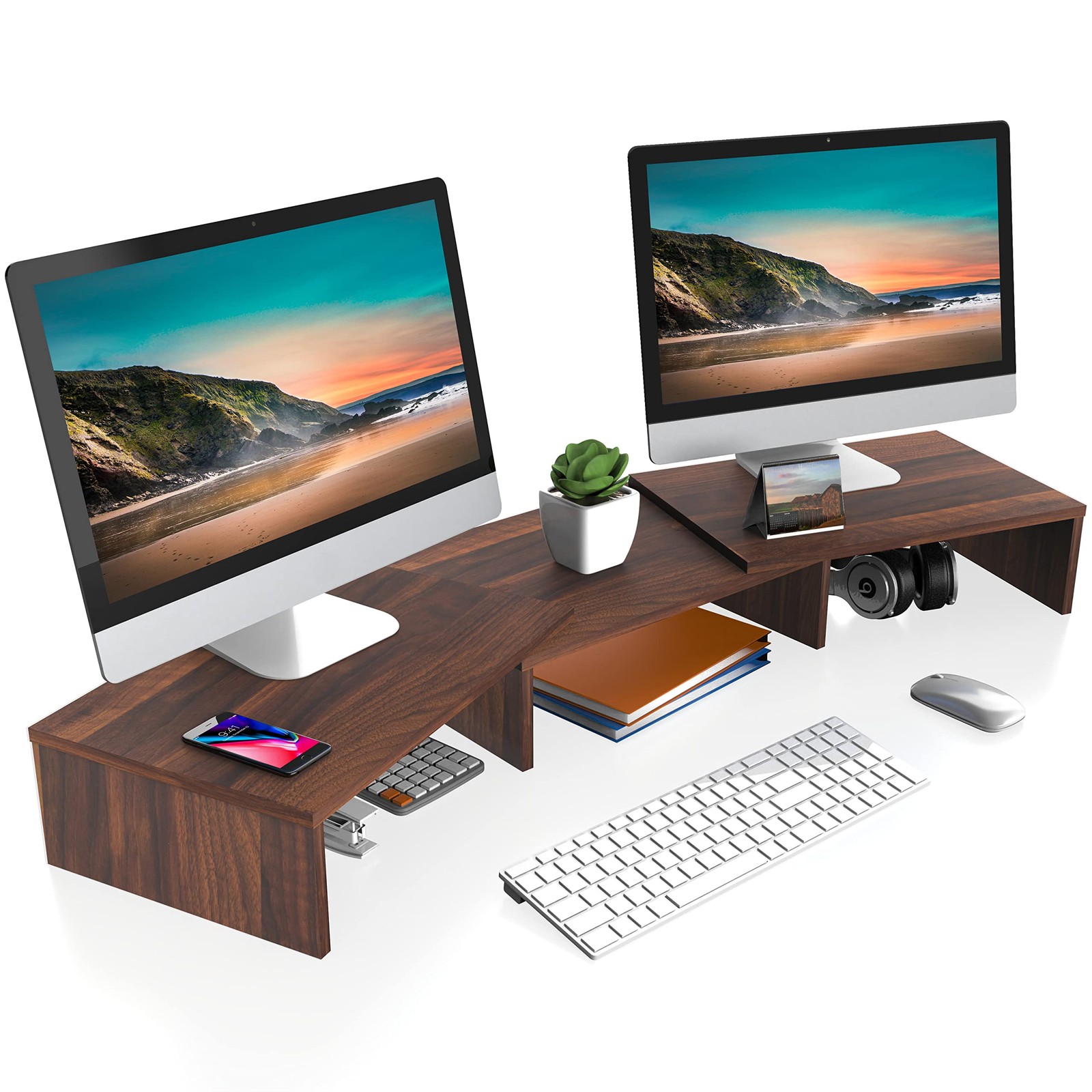 DUAL MONITOR STAND 3 Shelf Computer Riser Wood Desktop Adjustable Brown FITUEYES