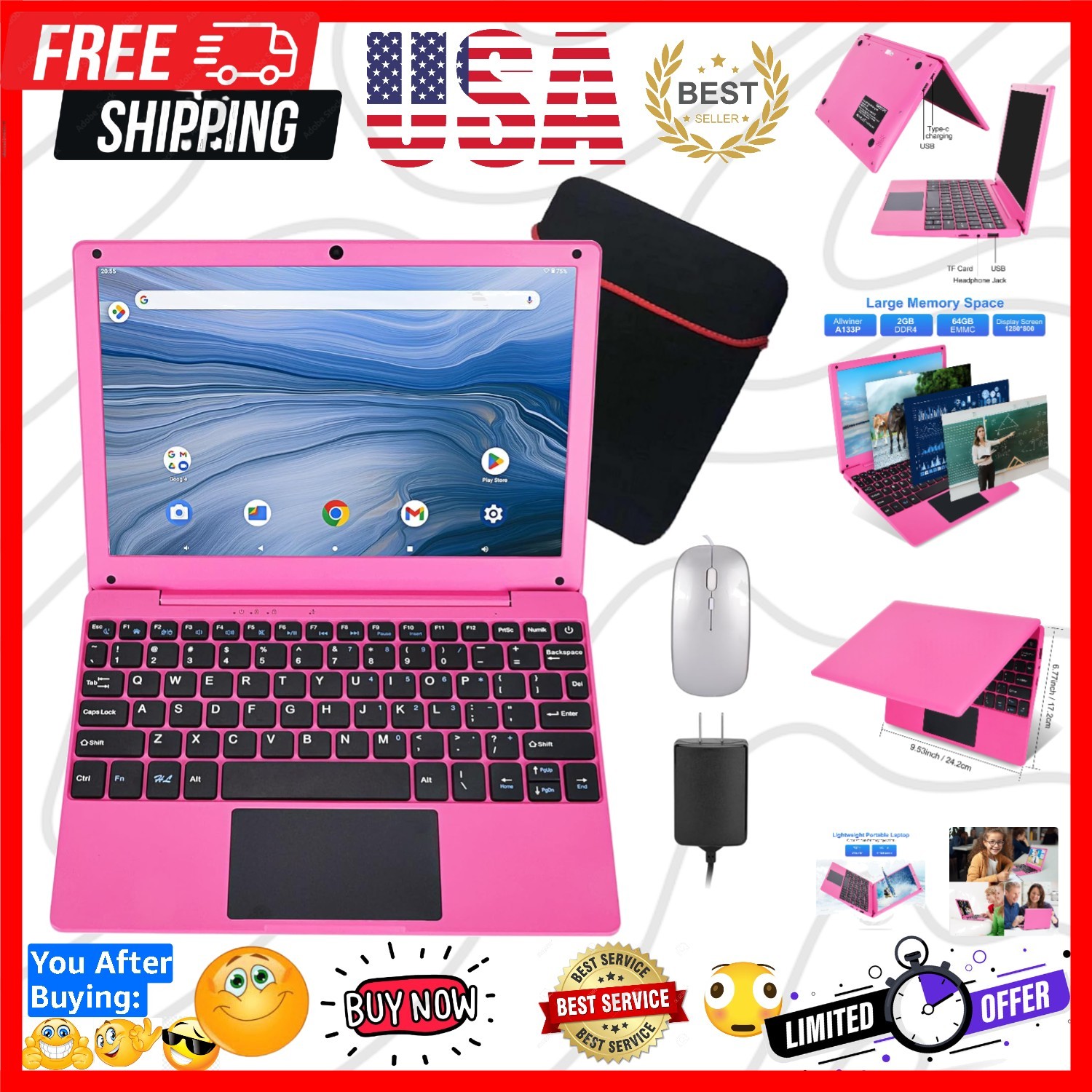 10.1Inch Laptop,Quad-Core Processor with Android 12.0 OS,2GB RAM,64GB EMMC,Bu...