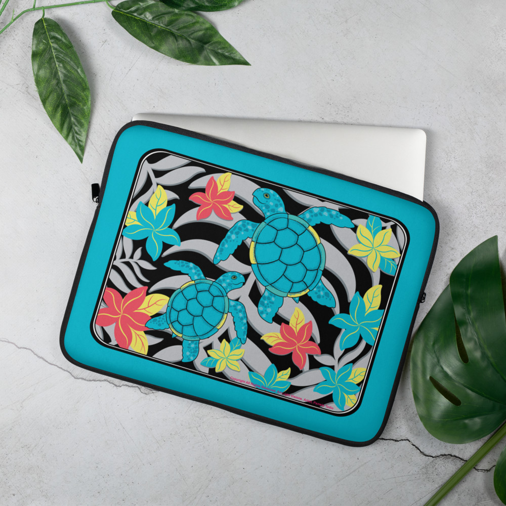 Hawaiian Honu Sea Turtle Aqua 15" inch Laptop Sleeve Hawaii Plumeria Flowers