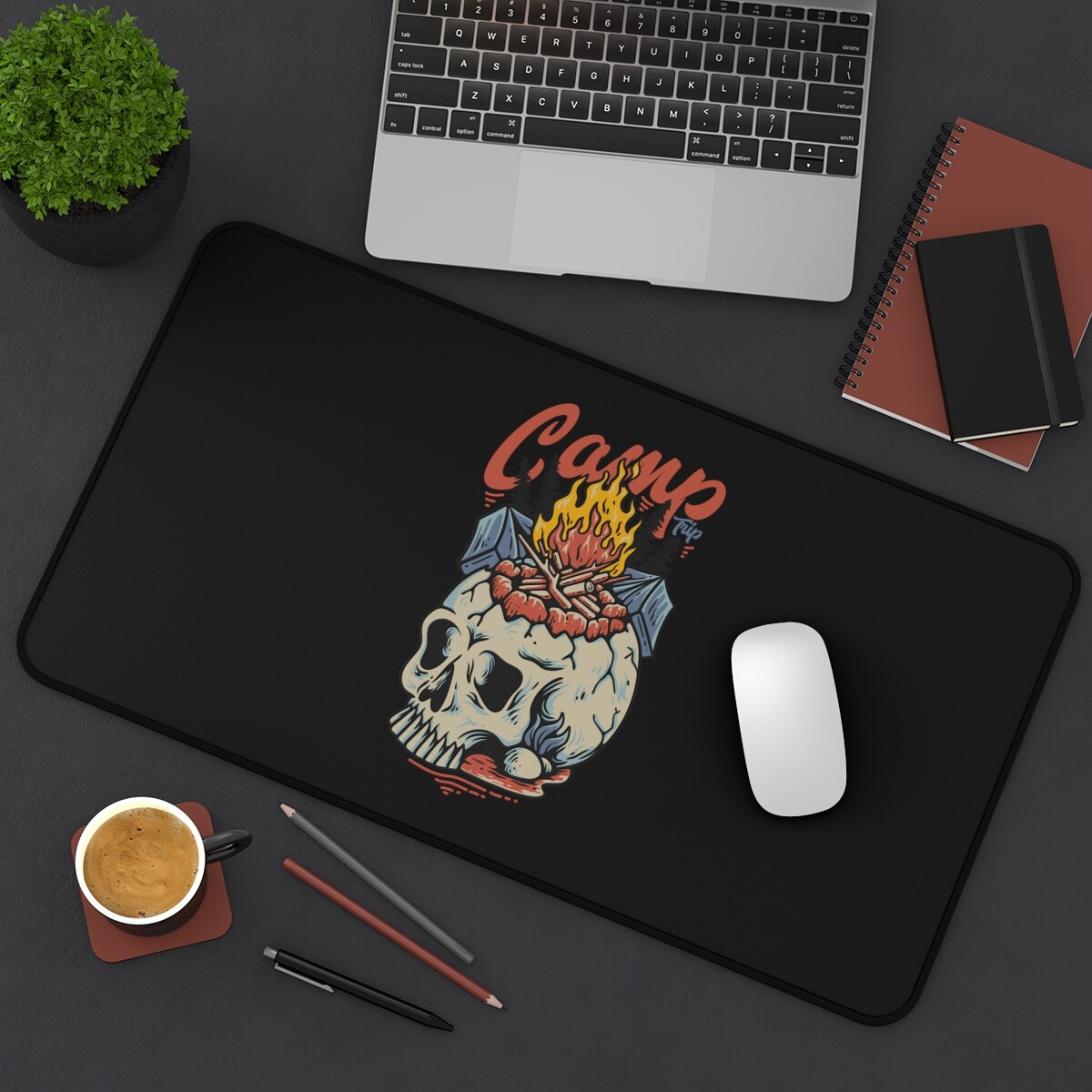 Camp Trip With Campfire On The Skull, Desk Mat, Work Desk Mat, Desk Mat