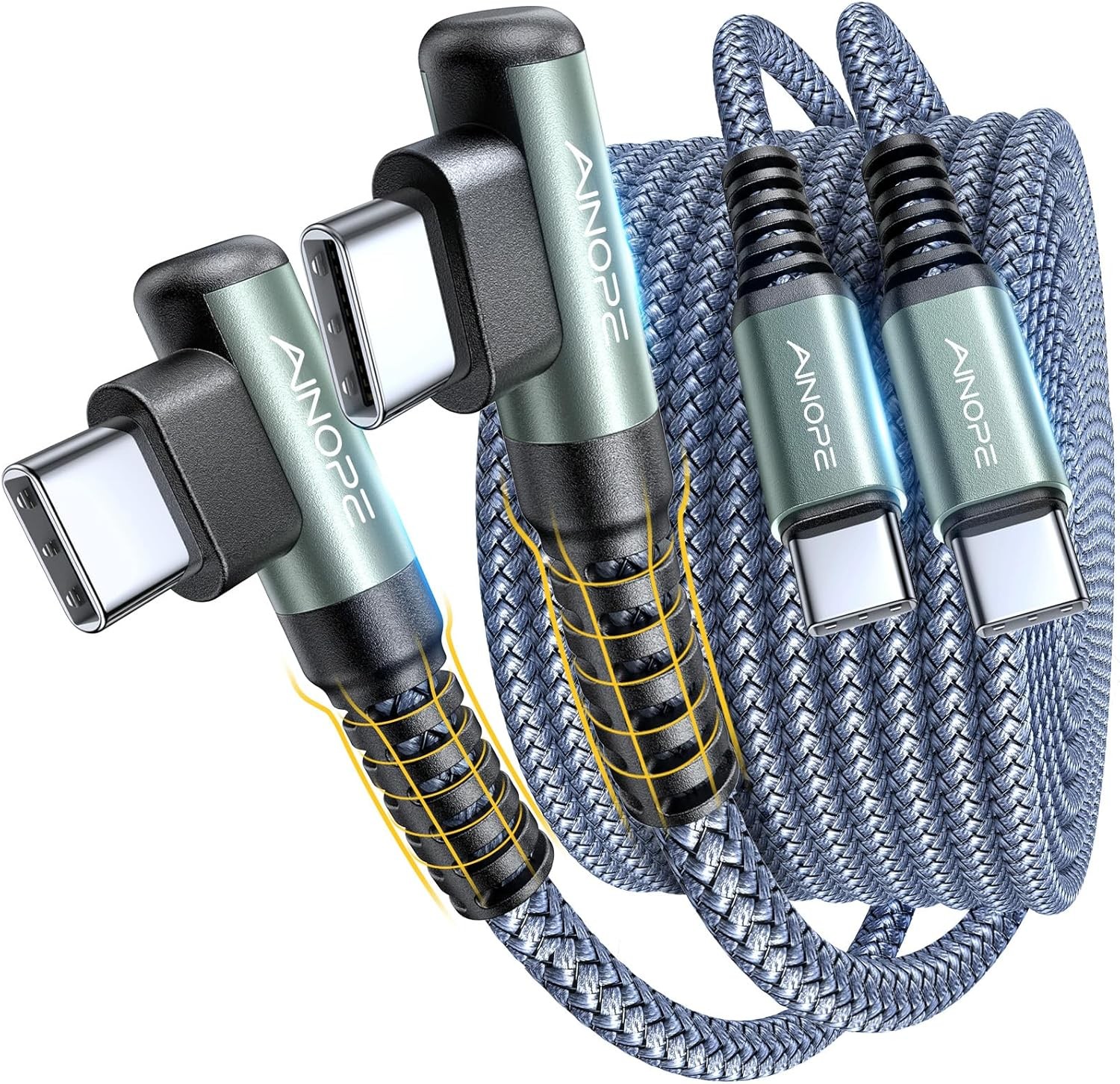 AINOPE USB C Cable to C 60W 2Pack 6.6ft Nylon Braided 6.6FT+6.6FT, Grey 