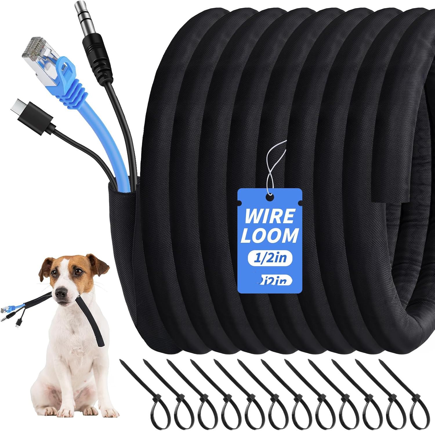 20ft - 1/2in Self-Wrapping Split Braided Sleeve Cable Management