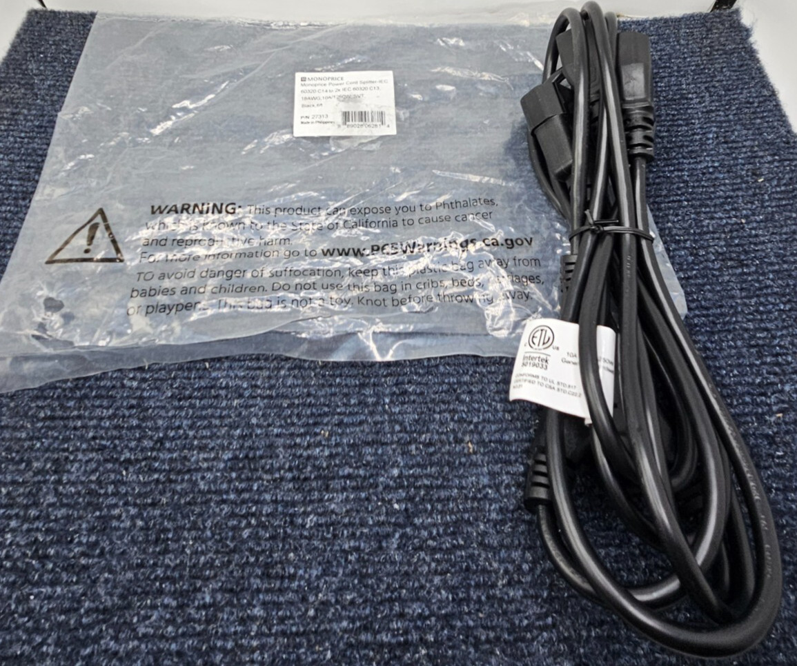 (QTY 4)  Monoprice 27313 6ft 18AWG Power Extension Cord Splitter Cable, 10A