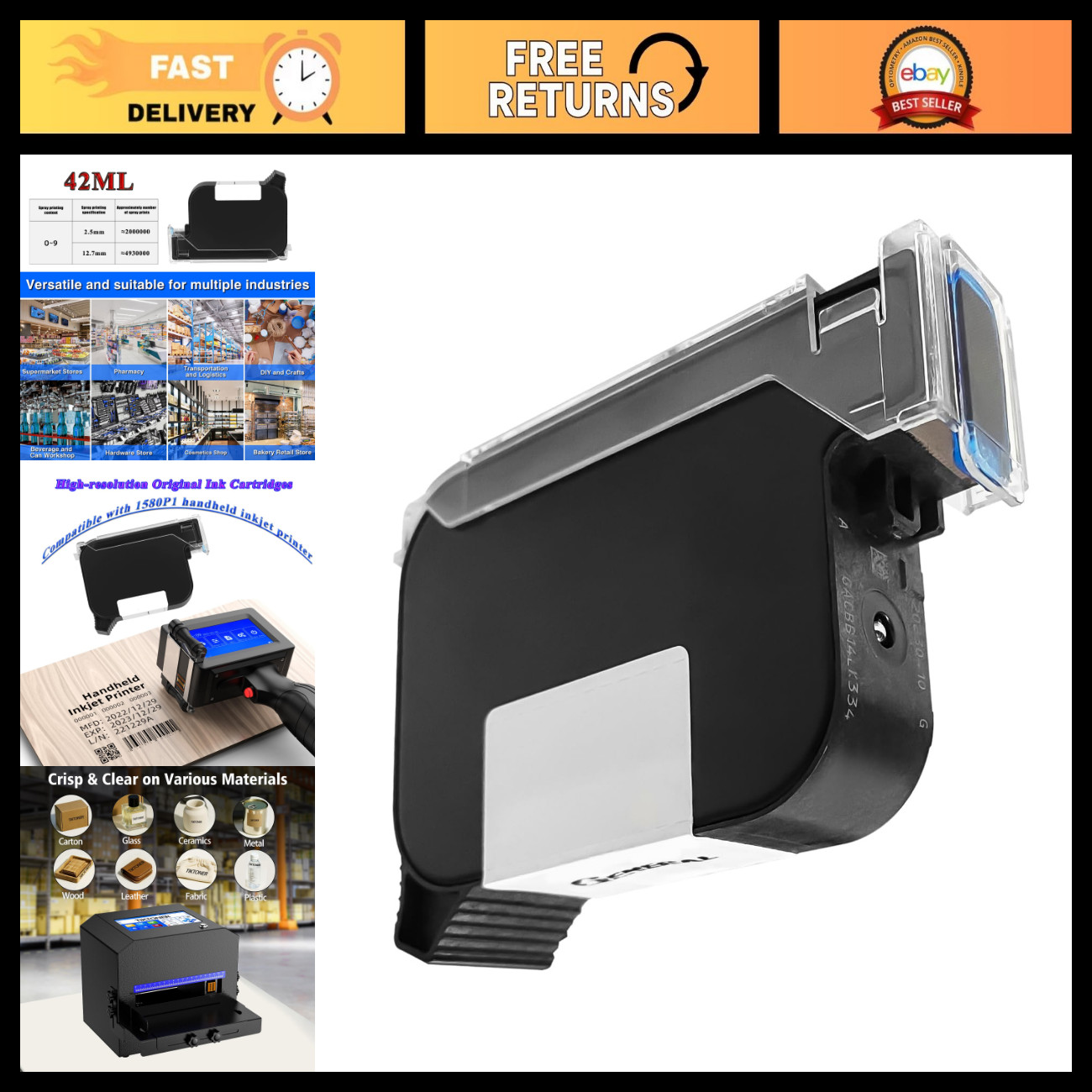High-Quality Black Ink Cartridge for Handheld Inkjet Printer 1580P1 - Fast Shipp