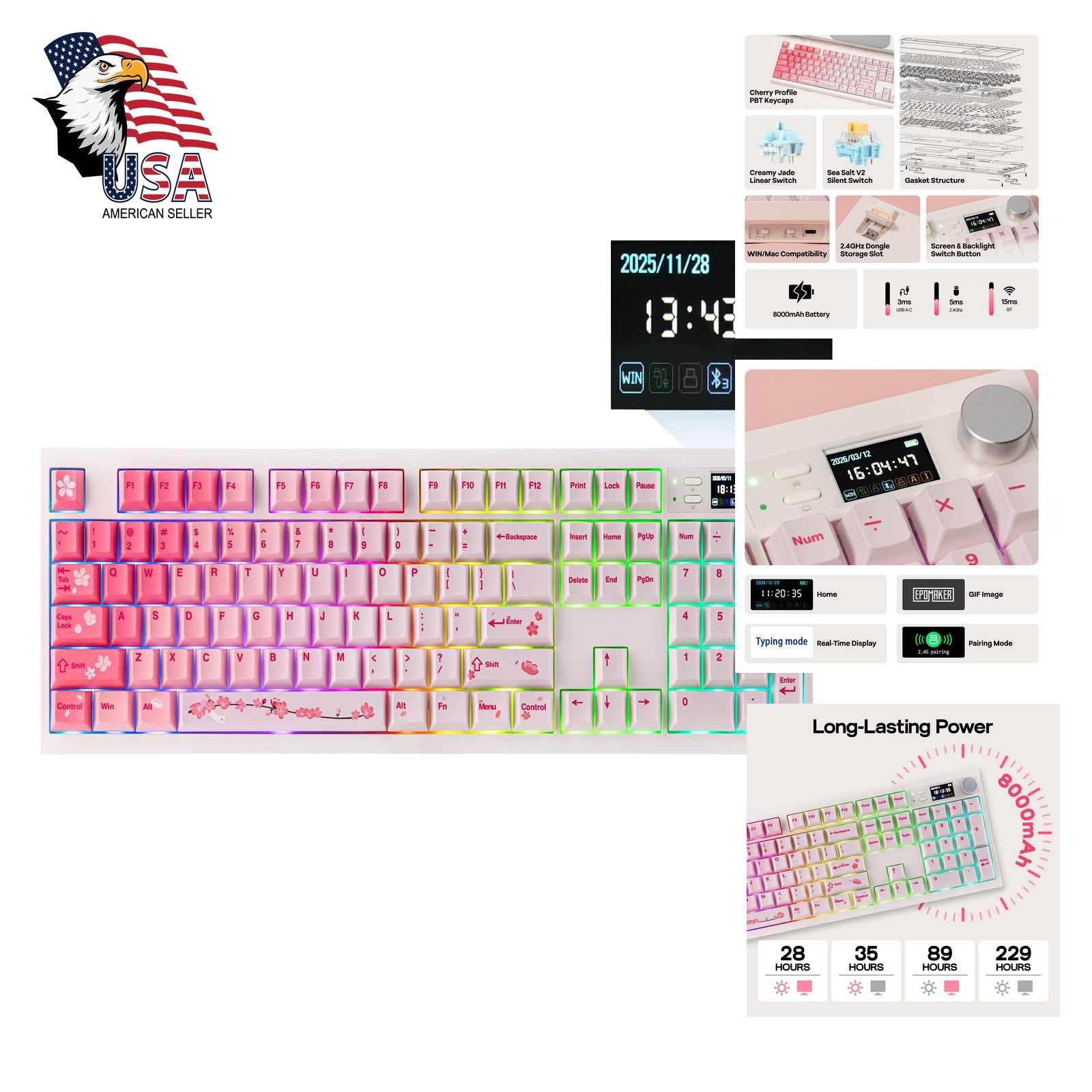 EPOMAKER QK108 Mechanical Keyboard Screen Knob Pink Sea Salt Silent