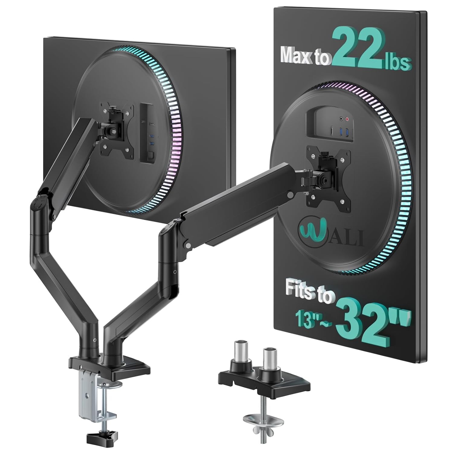 Dual Monitor Arm Adjustable 13-32 inch Screens Black Heavy Duty Dual Monitor