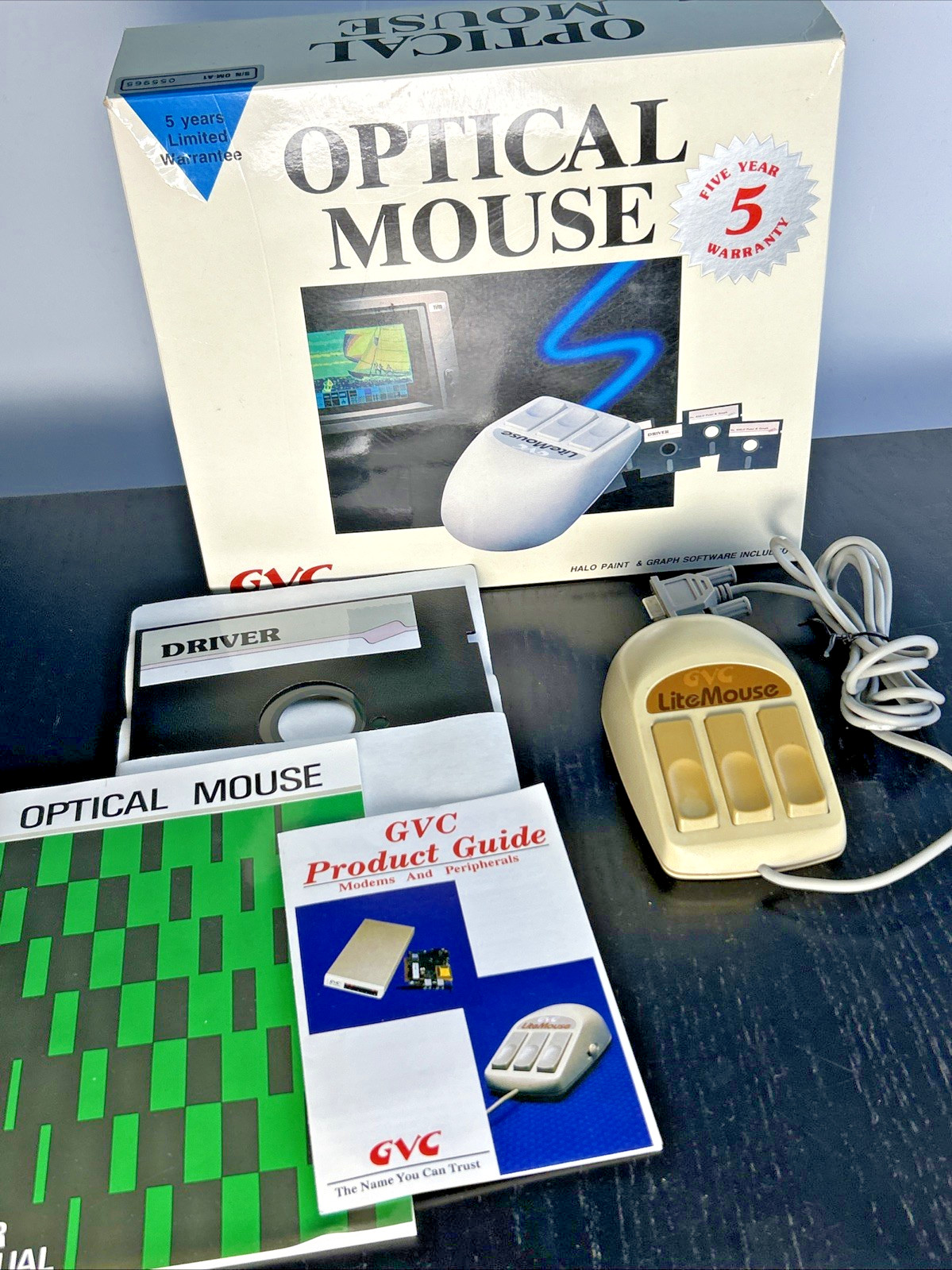 Vintage GVC three 3-button OPTICAL MOUSE w/ 5.25" disk IBM PC early 90s UNTESTED