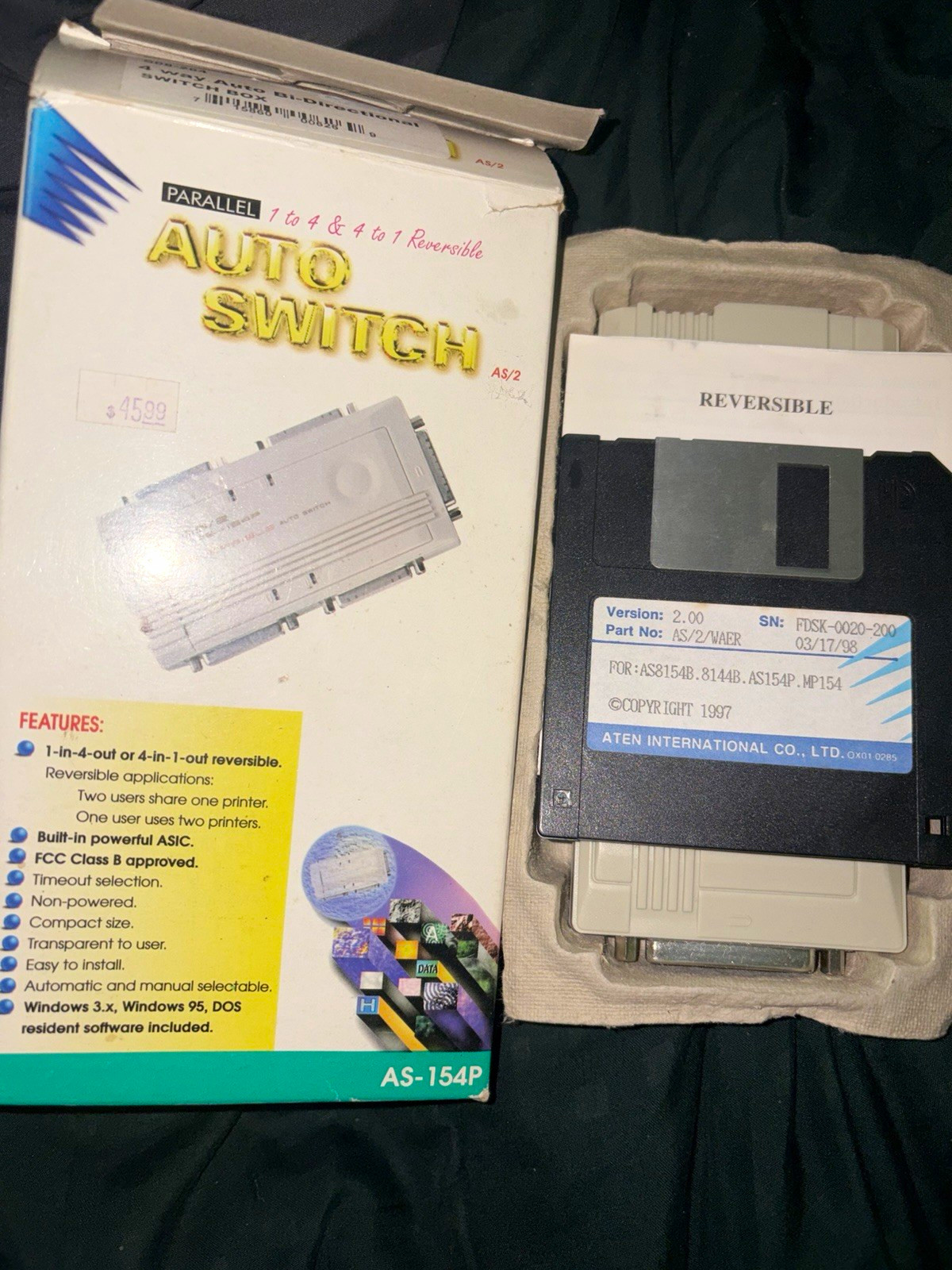 Vintage ATEN AS-154P Paralel Auto Switch 4-Way Reversible NOS Box 3.5 Floppy NOS