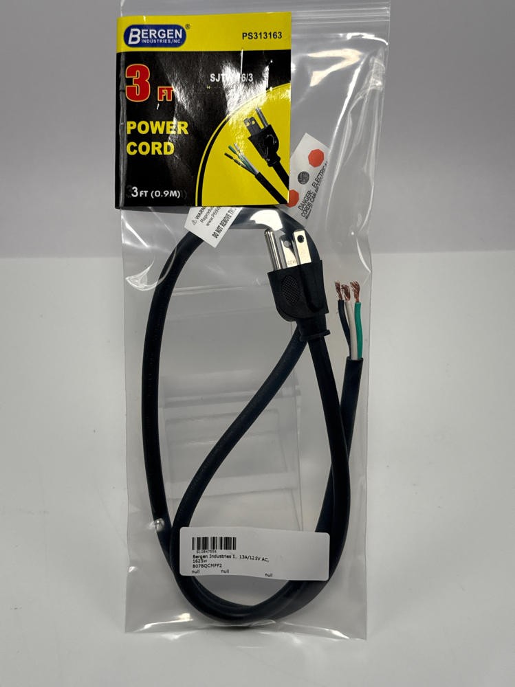 Bergen PS313163 3ft 16AWG Appliance Power Cord 13A 125V 3 Wire Cable