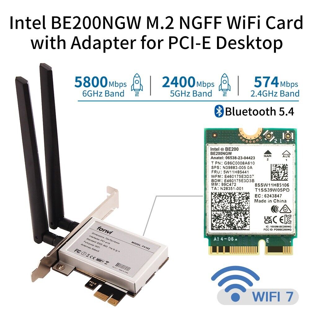 WiFi 7 PCIe WiFi Card Intel BE200NGW Bluetooth 5.4 Desktop PCI-E Network Adapter