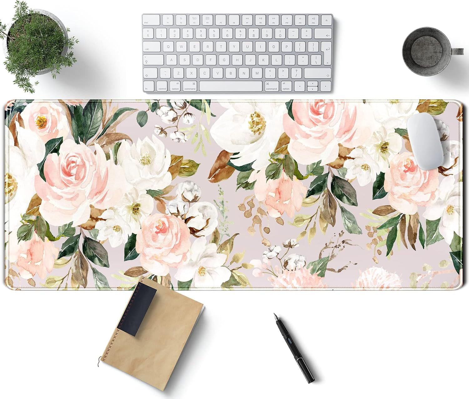 Pink Flowers Keyboard Pad PC Gaming Desk Mat Desk Mouse Pads Green Leaves Floral