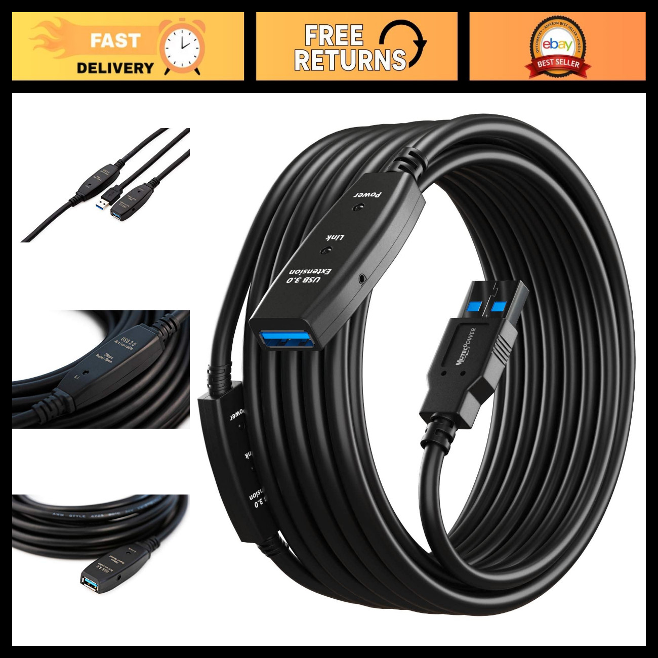 32ft Active USB 3.0 Extension Cable Male to Female with Signal Booster - 10m Rep