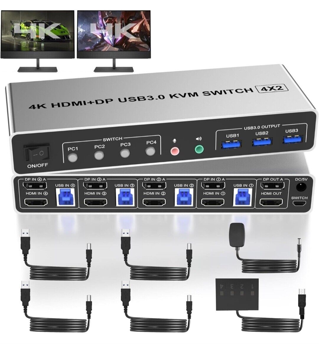 4K Dual Monitor KVM Switch 4 Port HDMI DisplayPort, Audio, Mic, 3 USB, 4 PCs 2 M