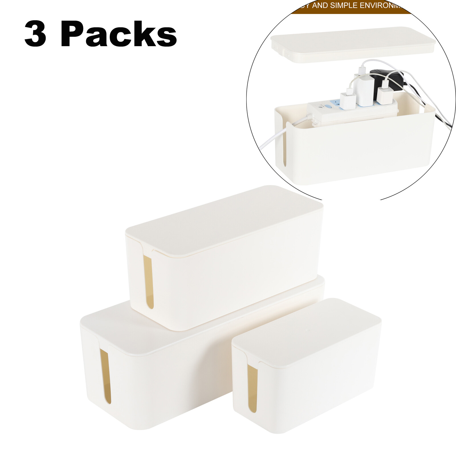 3PCS White Cable Management Box Power Strip Cord Surge Protector Organizer Box
