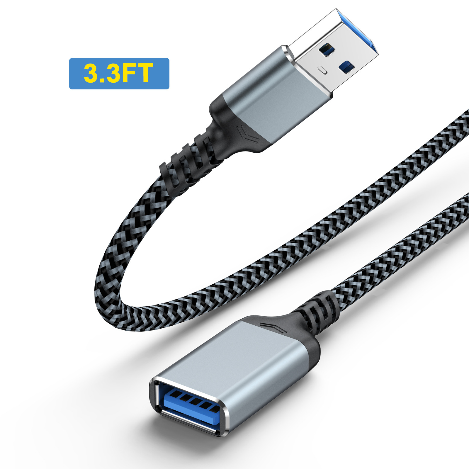 USB 3.0 Extension Braided Cable High Speed USB A Male to Female Cord 6.6/3.3FT