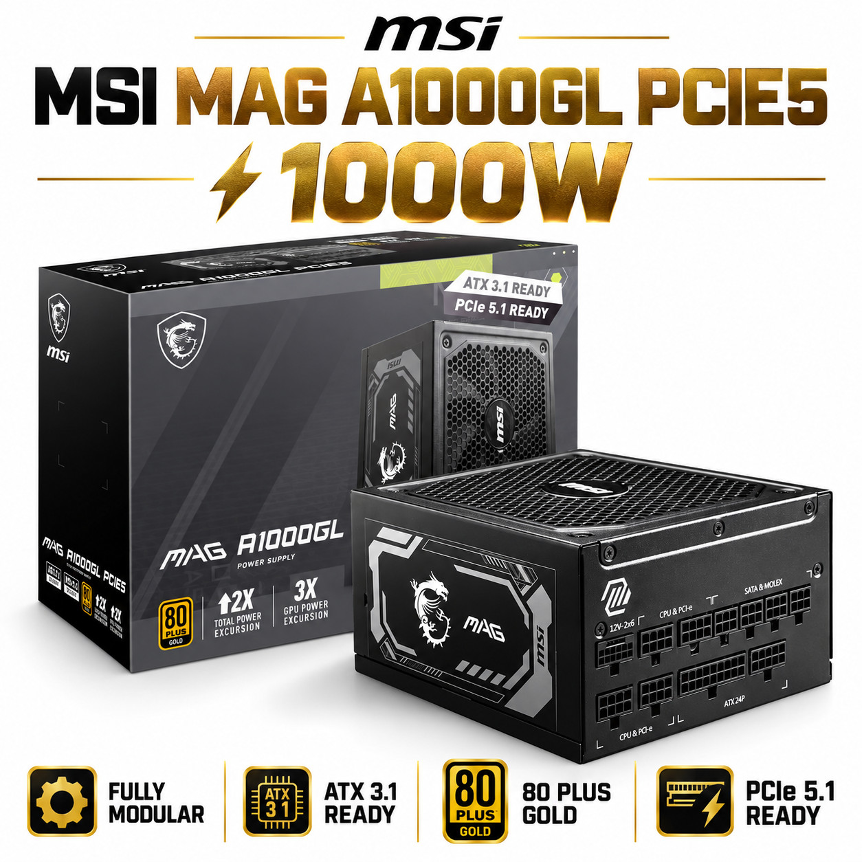 MSI - MAG A1000GL PCIE5 1000W Full Modular ATX 3.1 Ready 80 Plus Gold Power S...