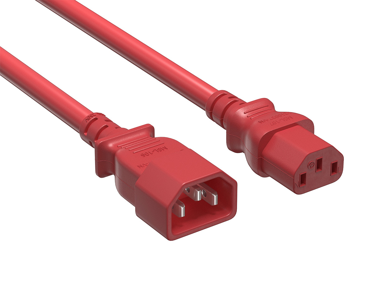 2ft IEC C14 to IEC C13 Heavy Duty PDU Power Cord, 14 AWG SJT, 15A/250V, Red