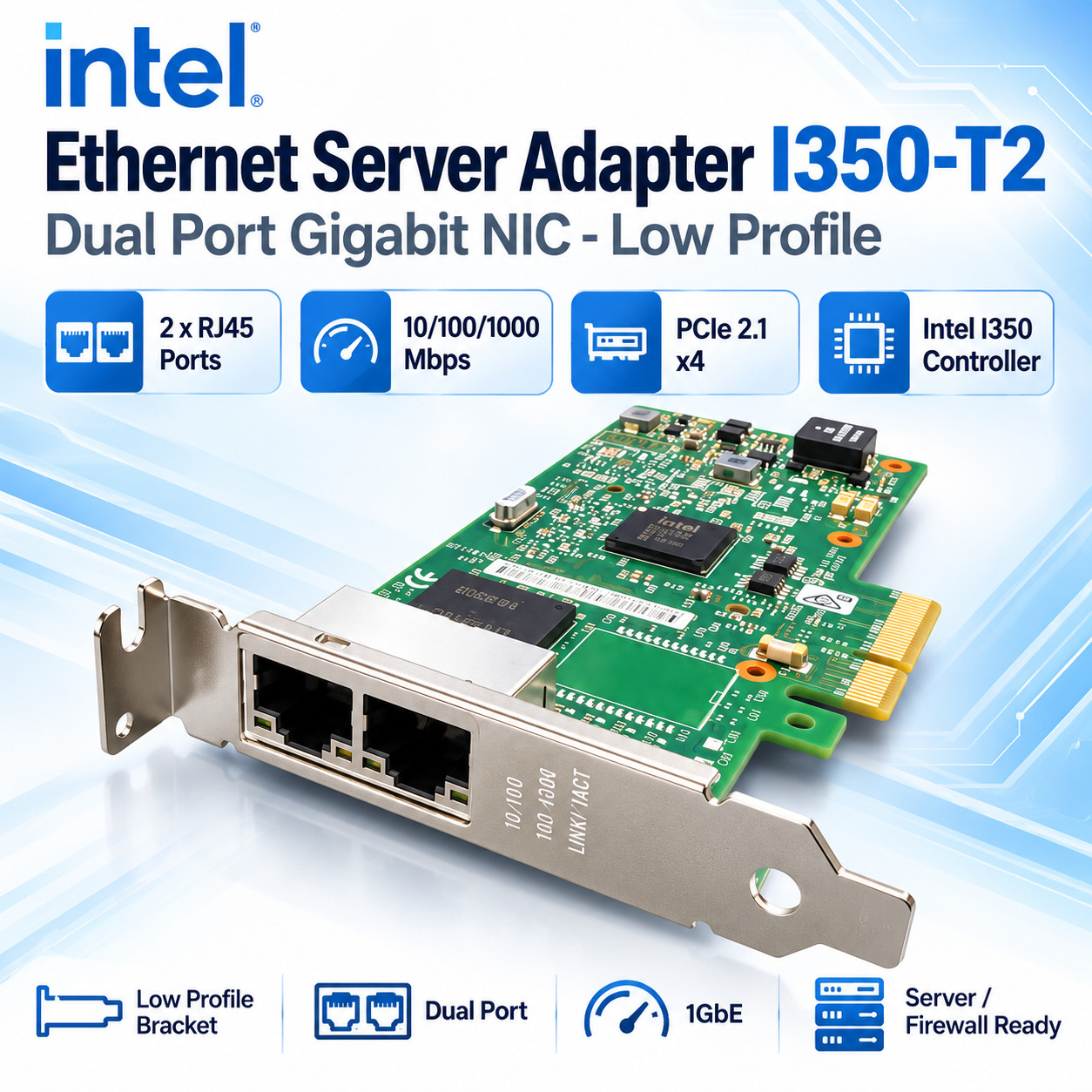 Intel I350-T2 Dual Port Gigabit Ethernet Server Adapter PCIe x4 Low Profile NIC