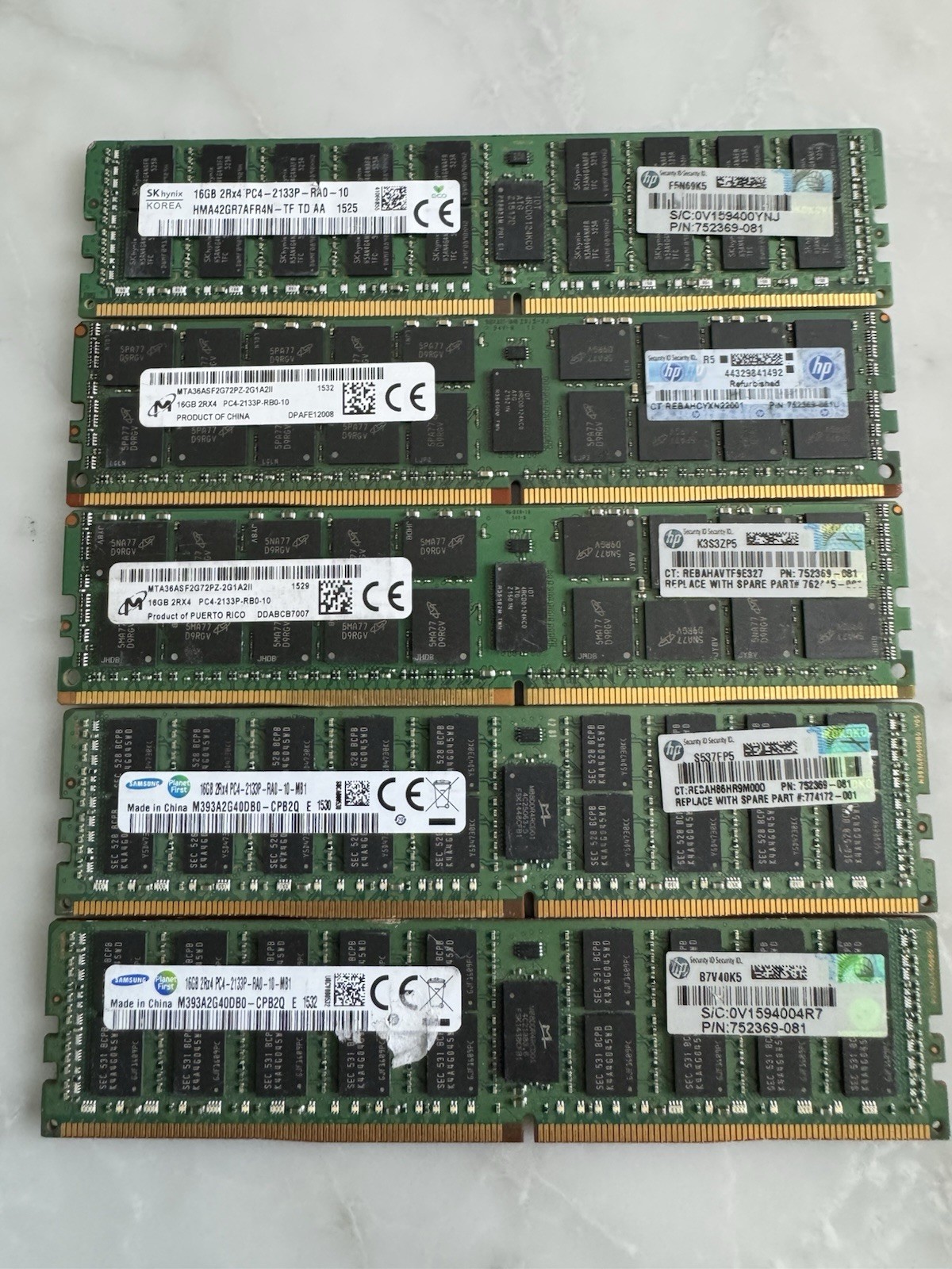 Lot of 5 Mixed Ram 16GB 2RX4 DDR4-2133 ECC REG RDIMM Server RAM M393A2G40DB0-CPB