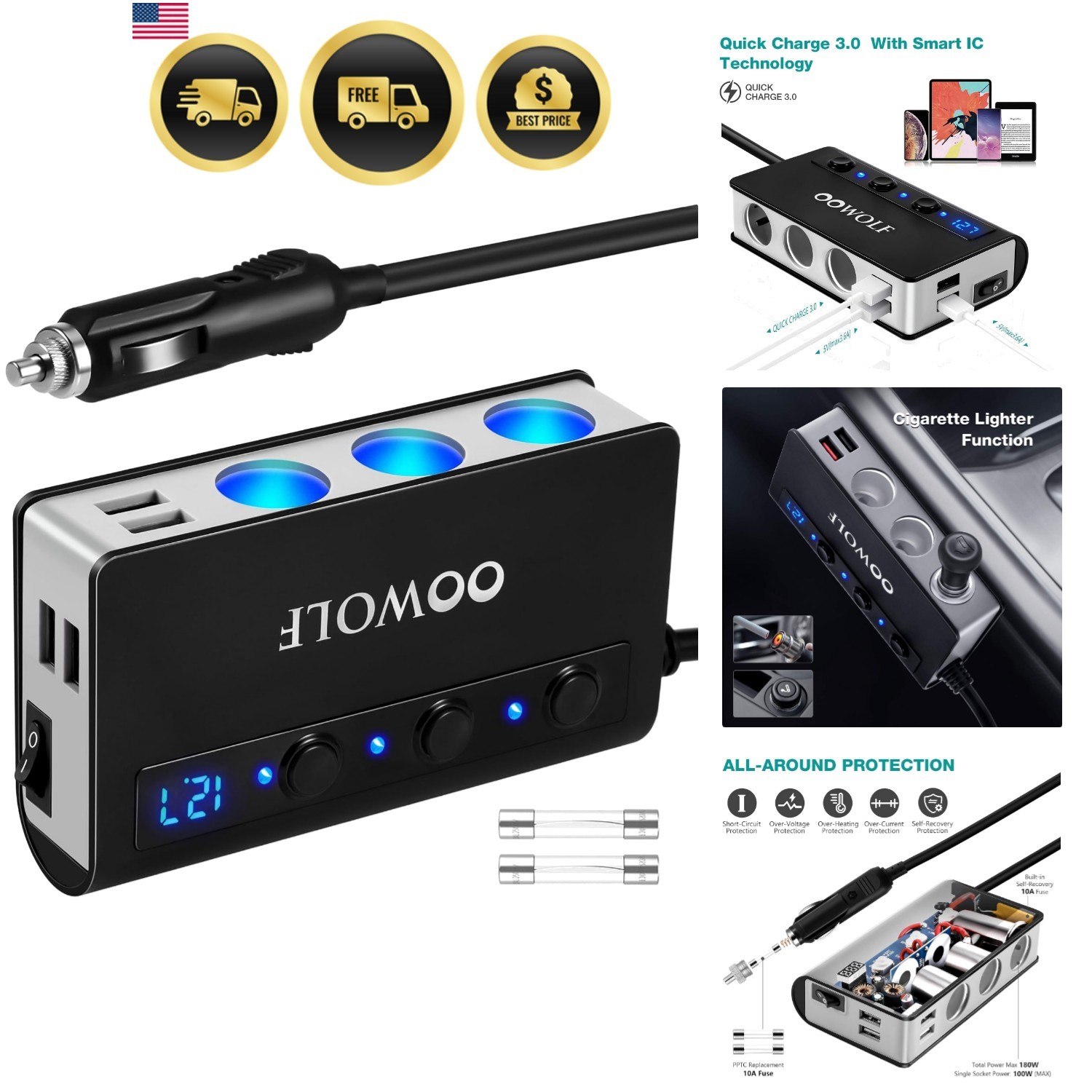 7 in 1 Car Power Splitter USB Charger Fast Charge 180W Cigarette Lighter Adapter