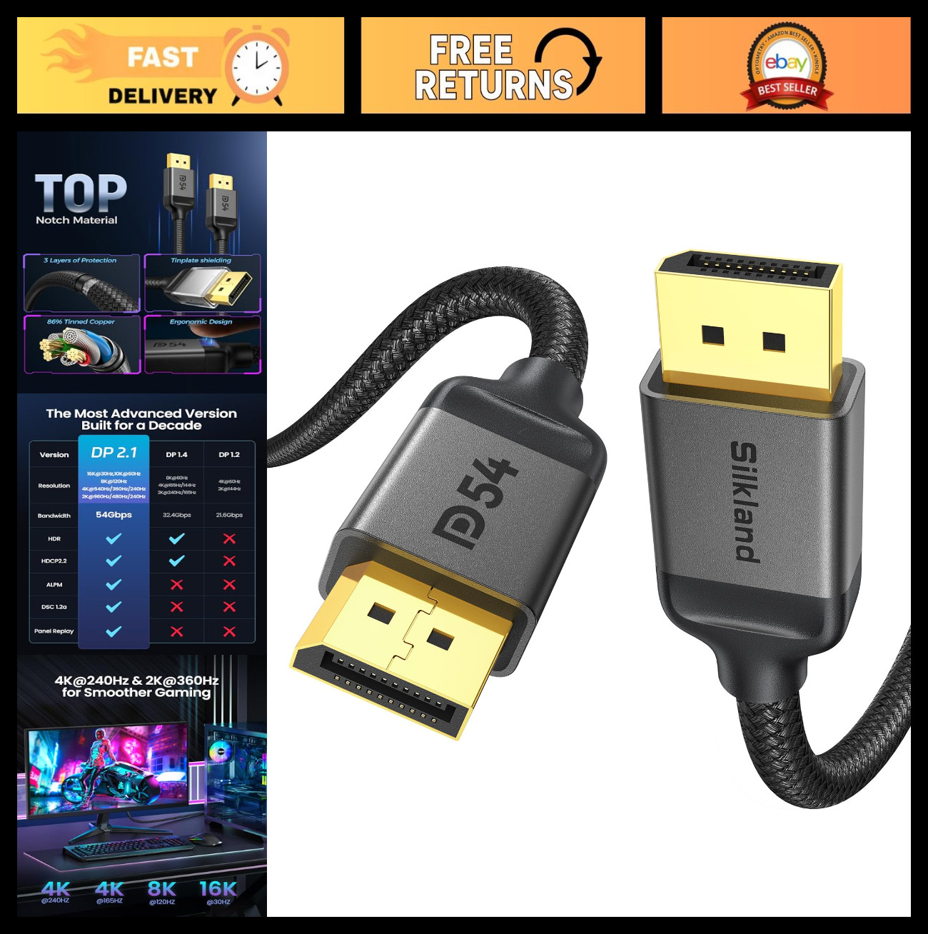 25FT DisplayPort 2.1 Cable, 54Gbps, 16K@30Hz, 8K@60Hz, 4K@144Hz, HDR, G-Sync, Fr