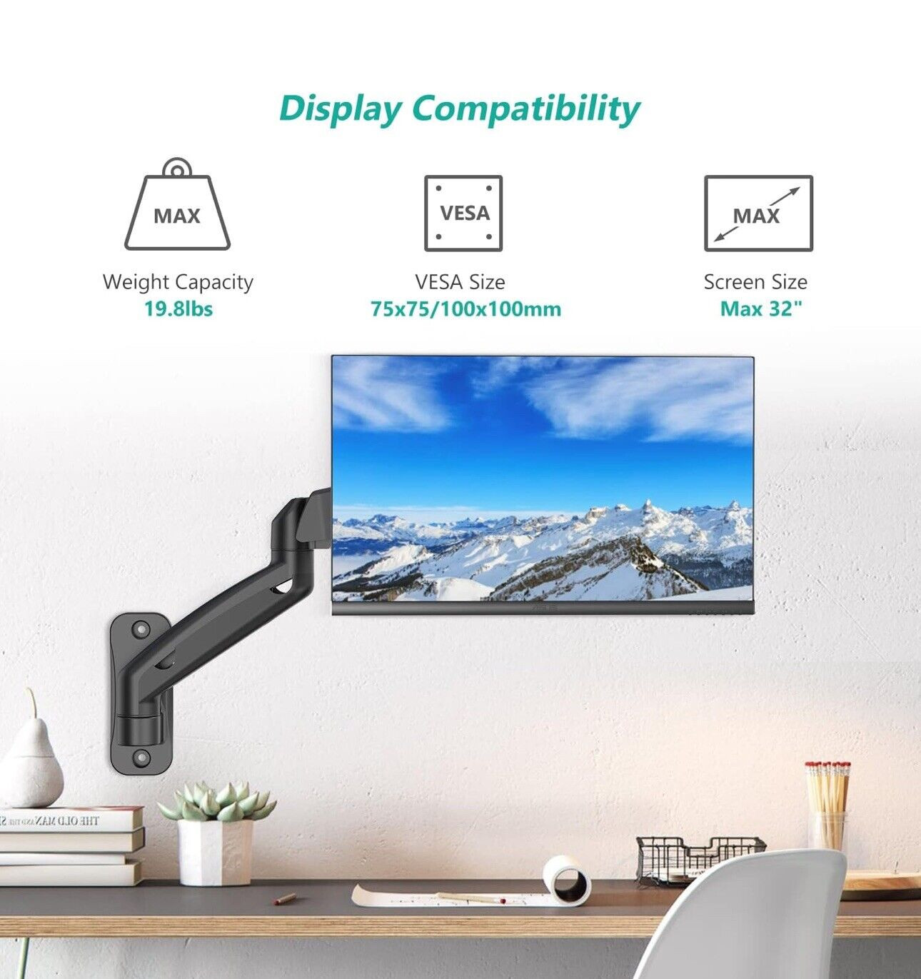 WALI Single Monitor Wall Mount for 1 Screen up to 32 inch, 19.8 lbs (GSWM001)