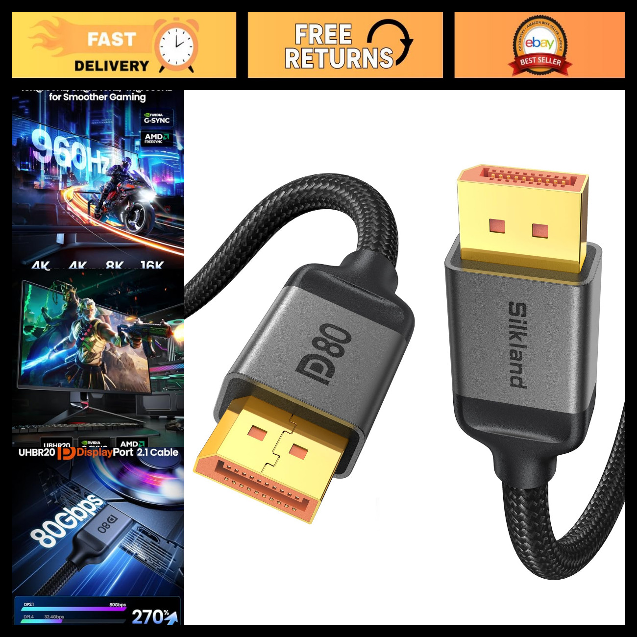 10FT DisplayPort 2.1 Cable 80Gbps, HDR Gaming Cord for PC, Monitor, TV