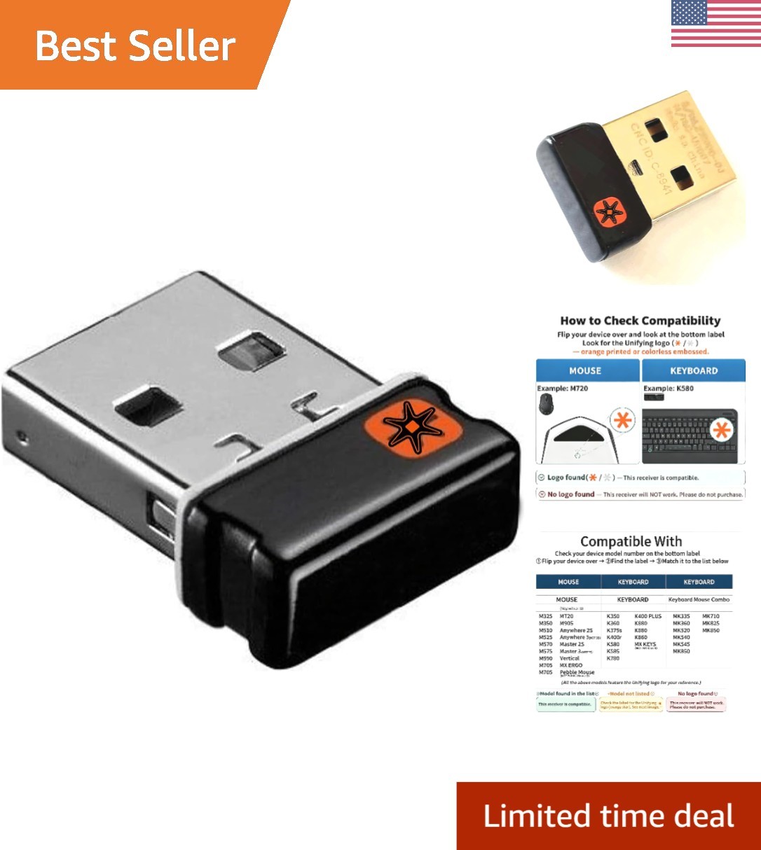 Lightweight Rechargeable USB Receiver for Logitech Wireless Keyboards K230-K800