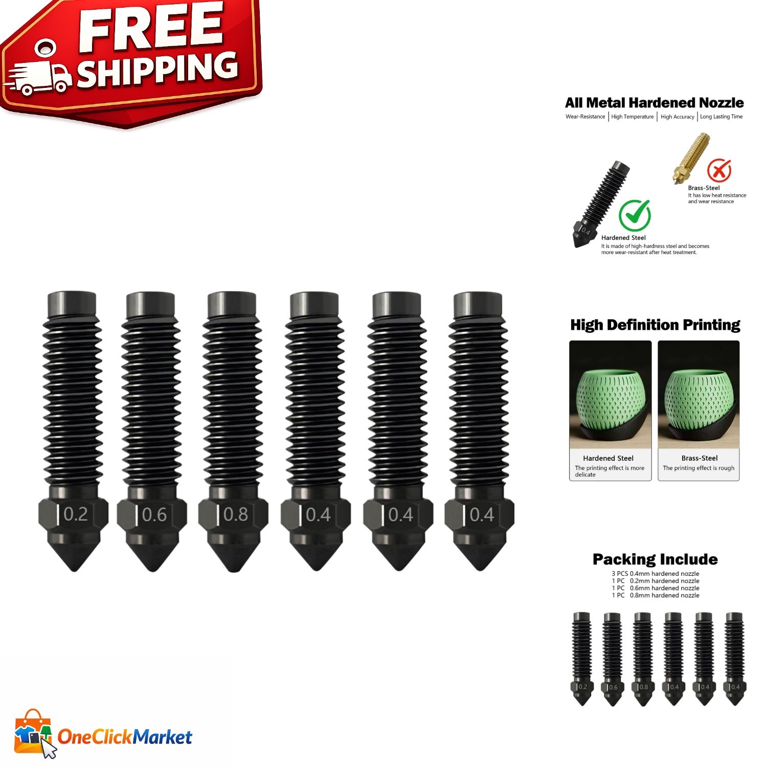Versatile 6PCS Hardened Nozzles (0.2 to 0.8MM) for Centauri Carbon/CC/CC2 Models