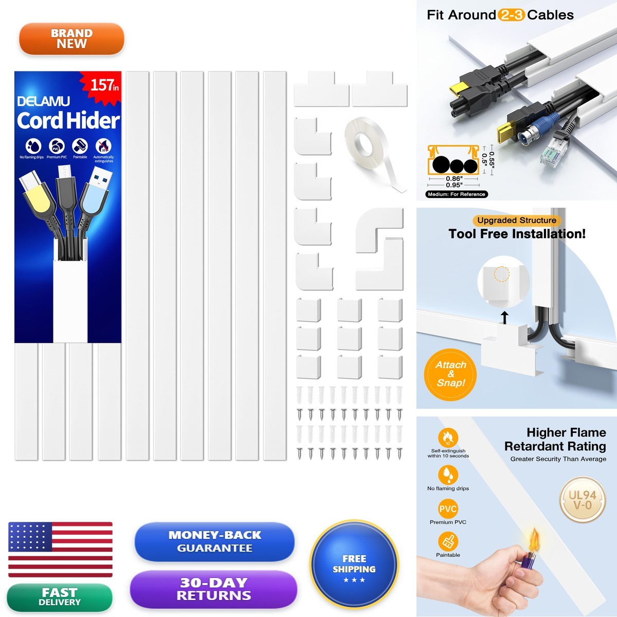Delamu Cord Hider 157in Cable Raceway W0.95 H0.55in White