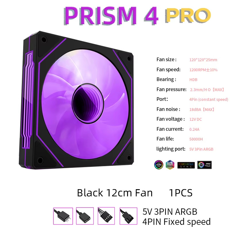 PRISM 4 PRO ARGB 120mm PC Computer Chassis Fan 5V 3Pin 12CM Quiet Cooling Fan 12