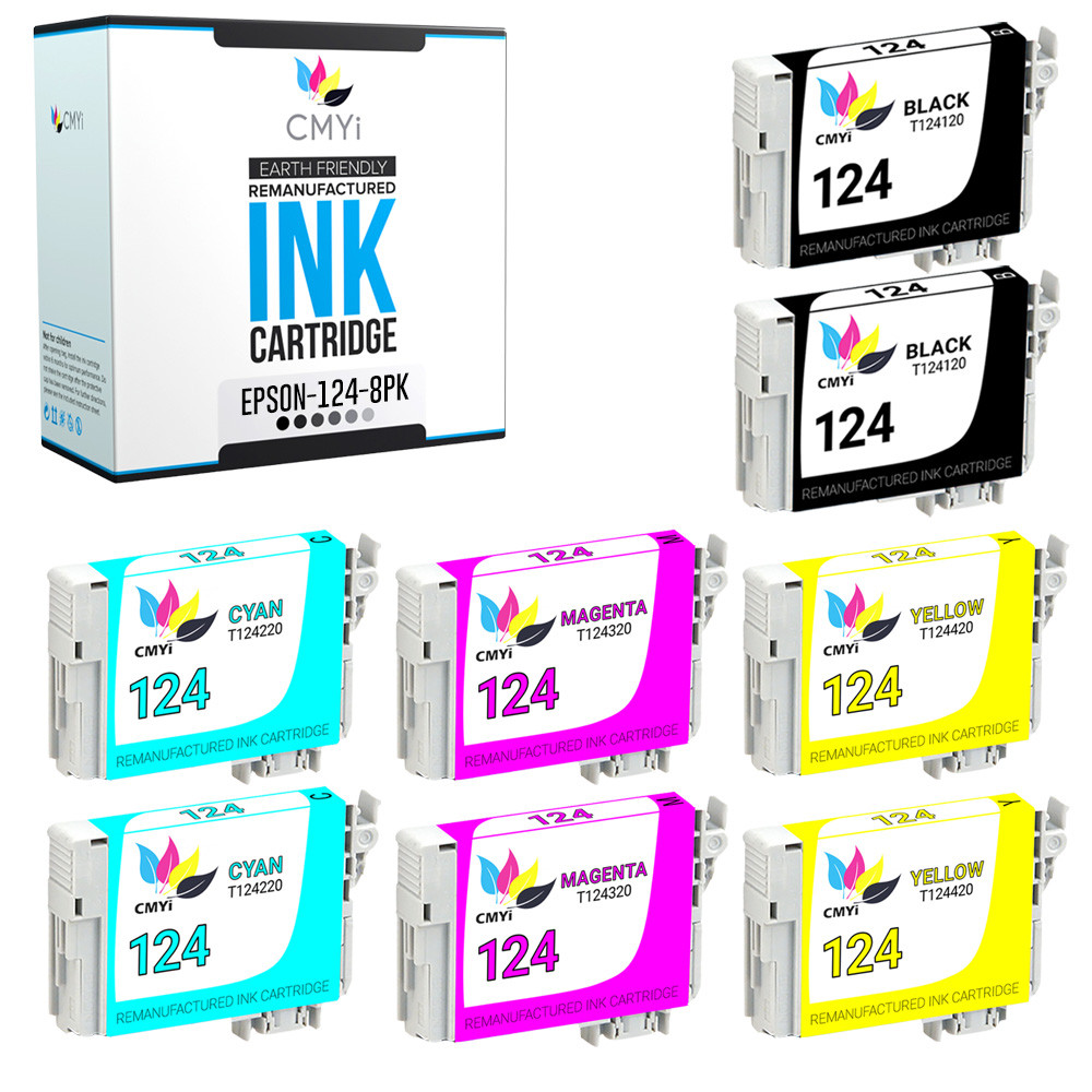 8PK T124 Replacement Ink for Epson 2 Black 2CMY 124 Cartridge Stylus Workforce