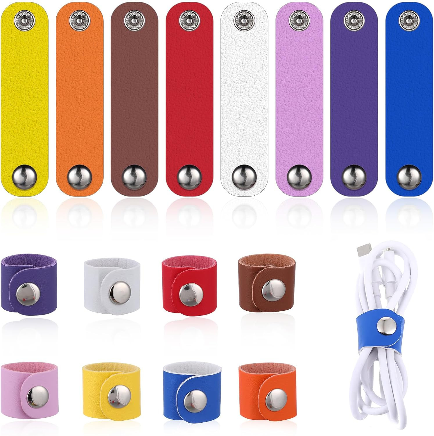 16 Pcs Leather Cord Organizer Reusable Leather Cable Straps Colorful Cord Wra...