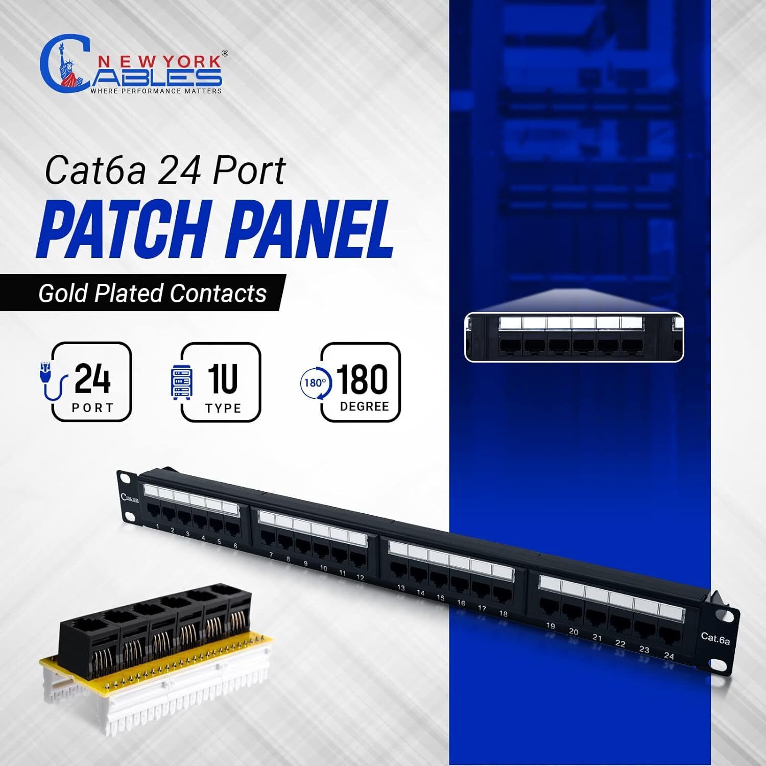NewYork Cables - 24 Port Cat6a, Cat6 Patch Panel, High Speed 10 GBit/s, 1U 19” R